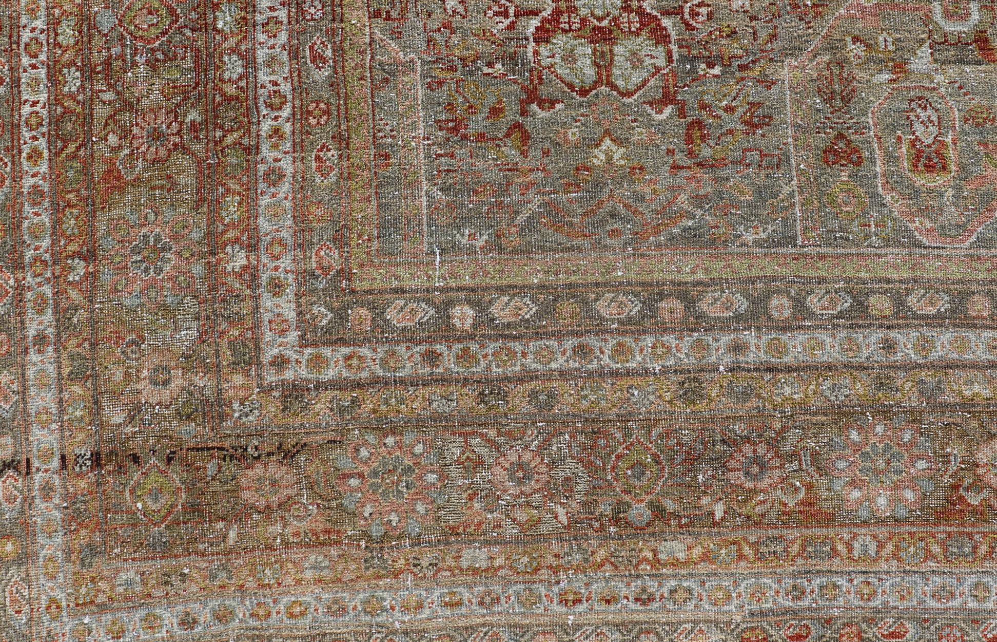 Antique Persian Distressed Sultanabad Rug in Grey Background, Blue, Green, Red For Sale 11