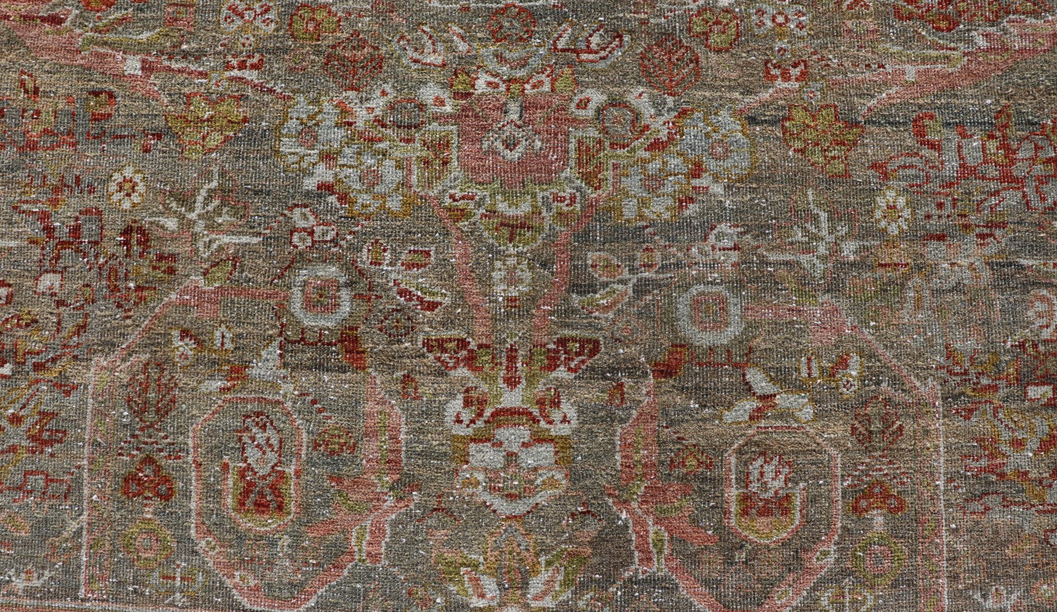 Antique Persian Distressed Sultanabad Rug in Grey Background, Blue, Green, Red For Sale 12