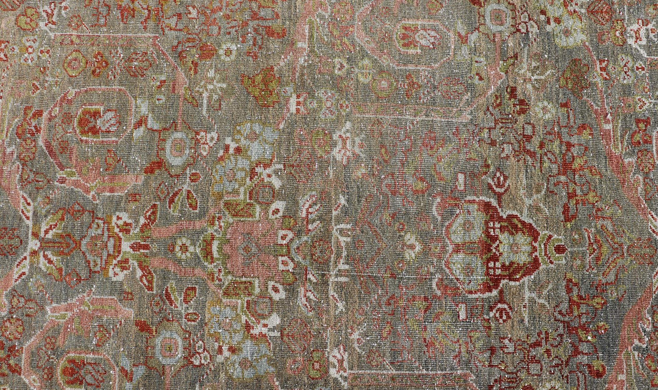 Antique Persian Distressed Sultanabad Rug in Grey Background, Blue, Green, Red For Sale 14