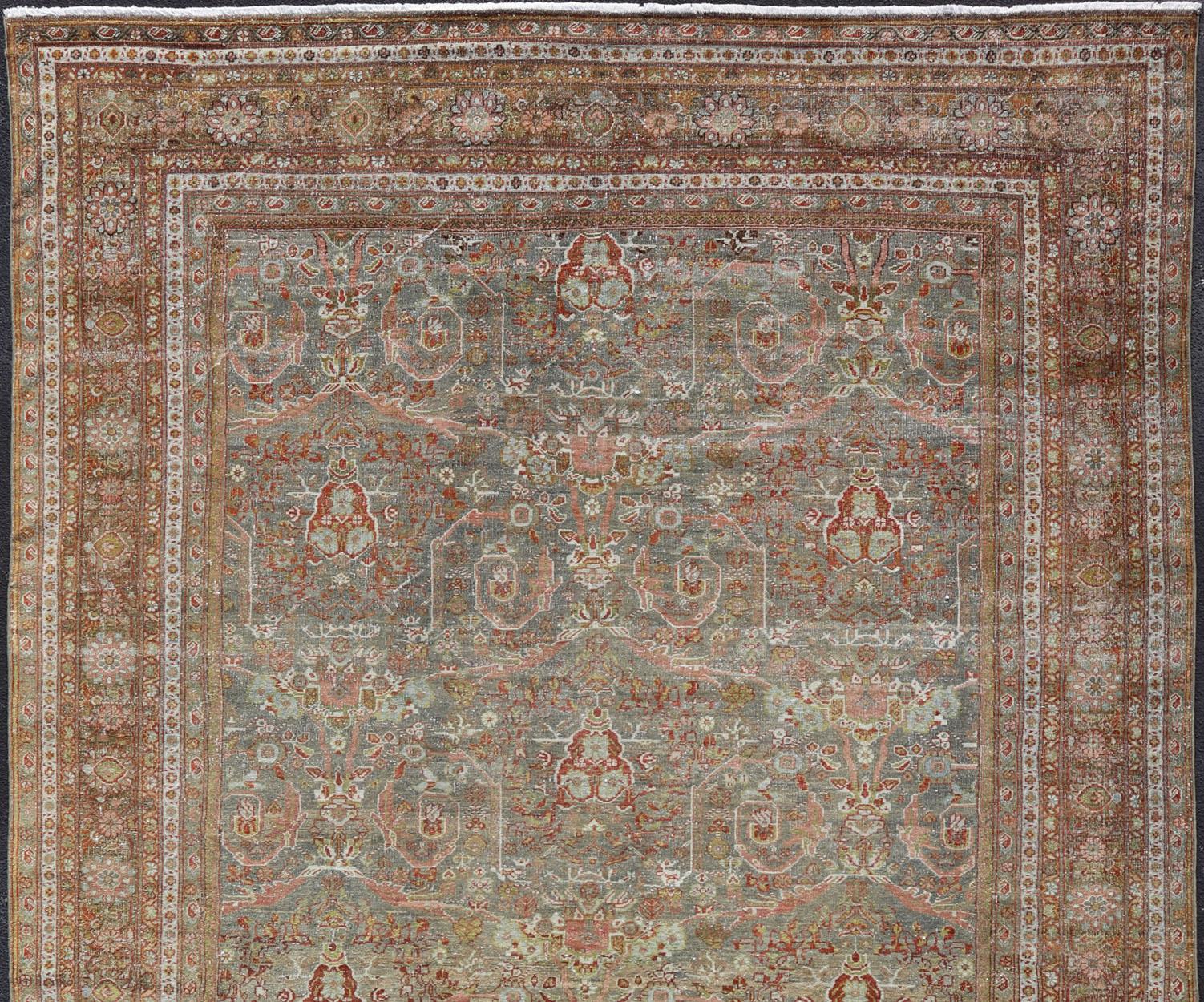 Hand-Knotted Antique Persian Distressed Sultanabad Rug in Grey Background, Blue, Green, Red For Sale