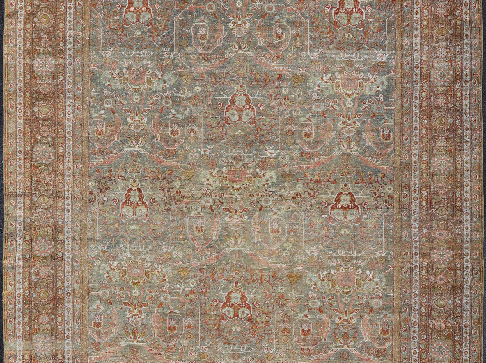 Antique Persian Distressed Sultanabad Rug in Grey Background, Blue, Green, Red In Distressed Condition For Sale In Atlanta, GA