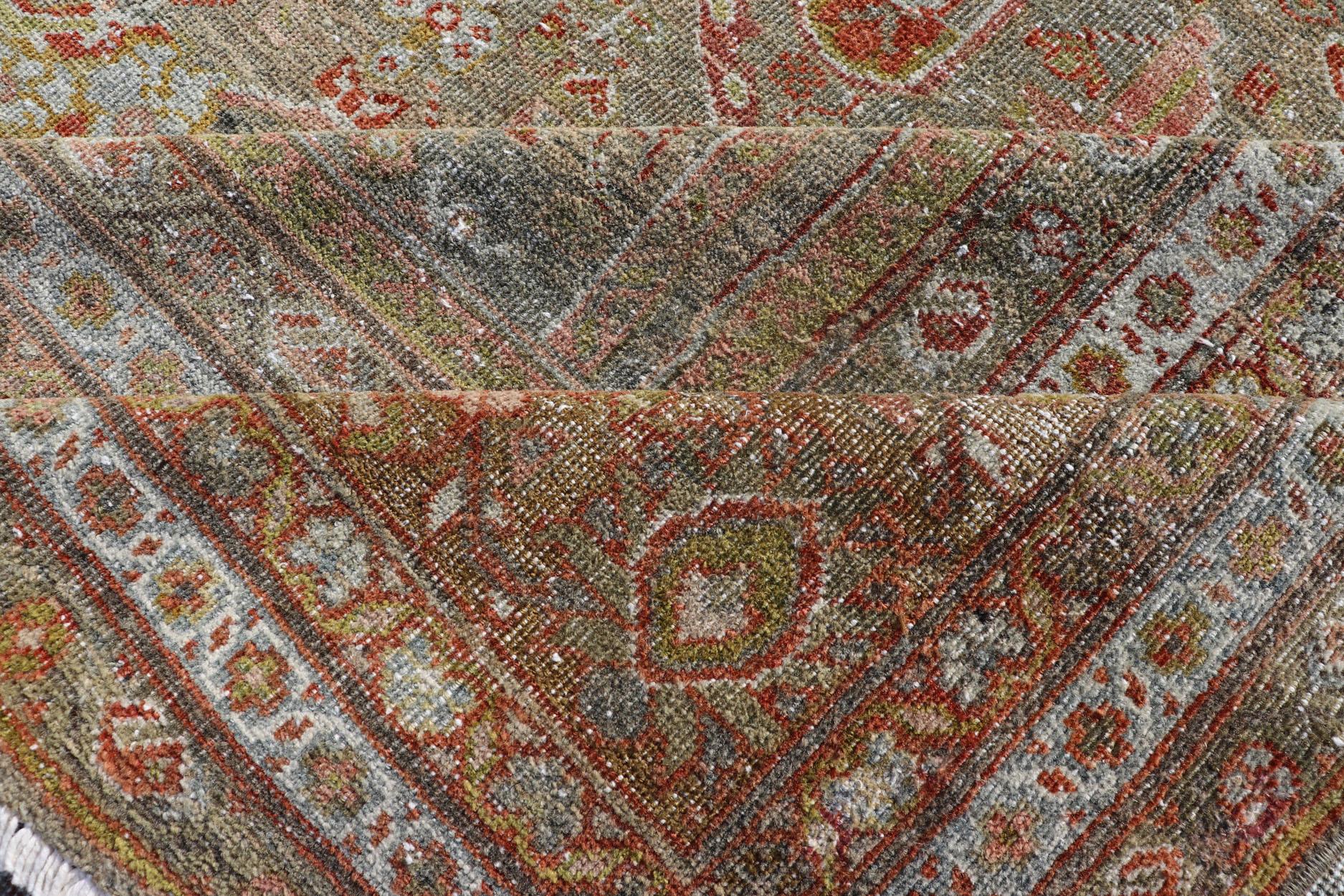 Wool Antique Persian Distressed Sultanabad Rug in Grey Background, Blue, Green, Red For Sale