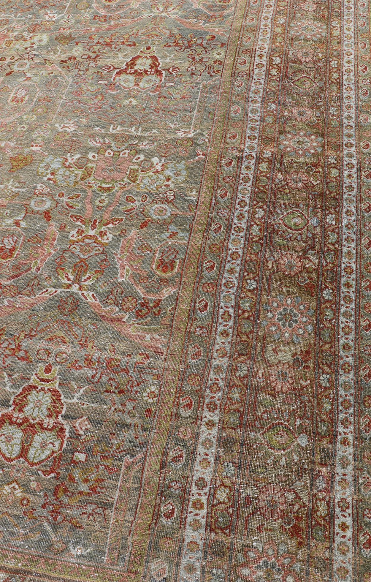 Antique Persian Distressed Sultanabad Rug in Grey Background, Blue, Green, Red For Sale 2