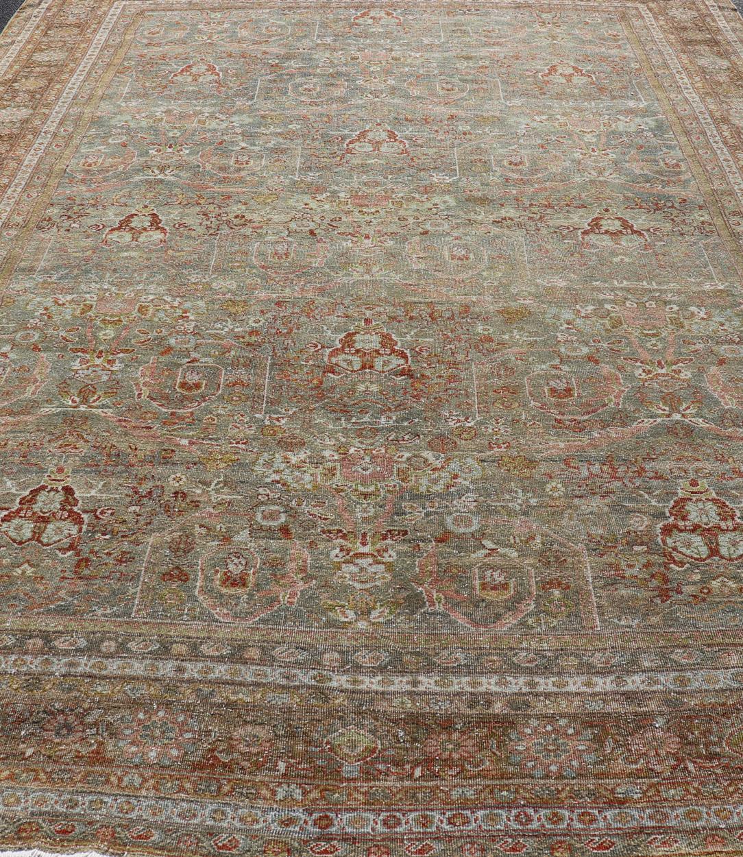 Antique Persian Distressed Sultanabad Rug in Grey Background, Blue, Green, Red For Sale 3