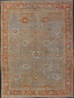 Antique Persian Distressed Sultanabad Rug in Light Green, Lt. Blue, Green, Red