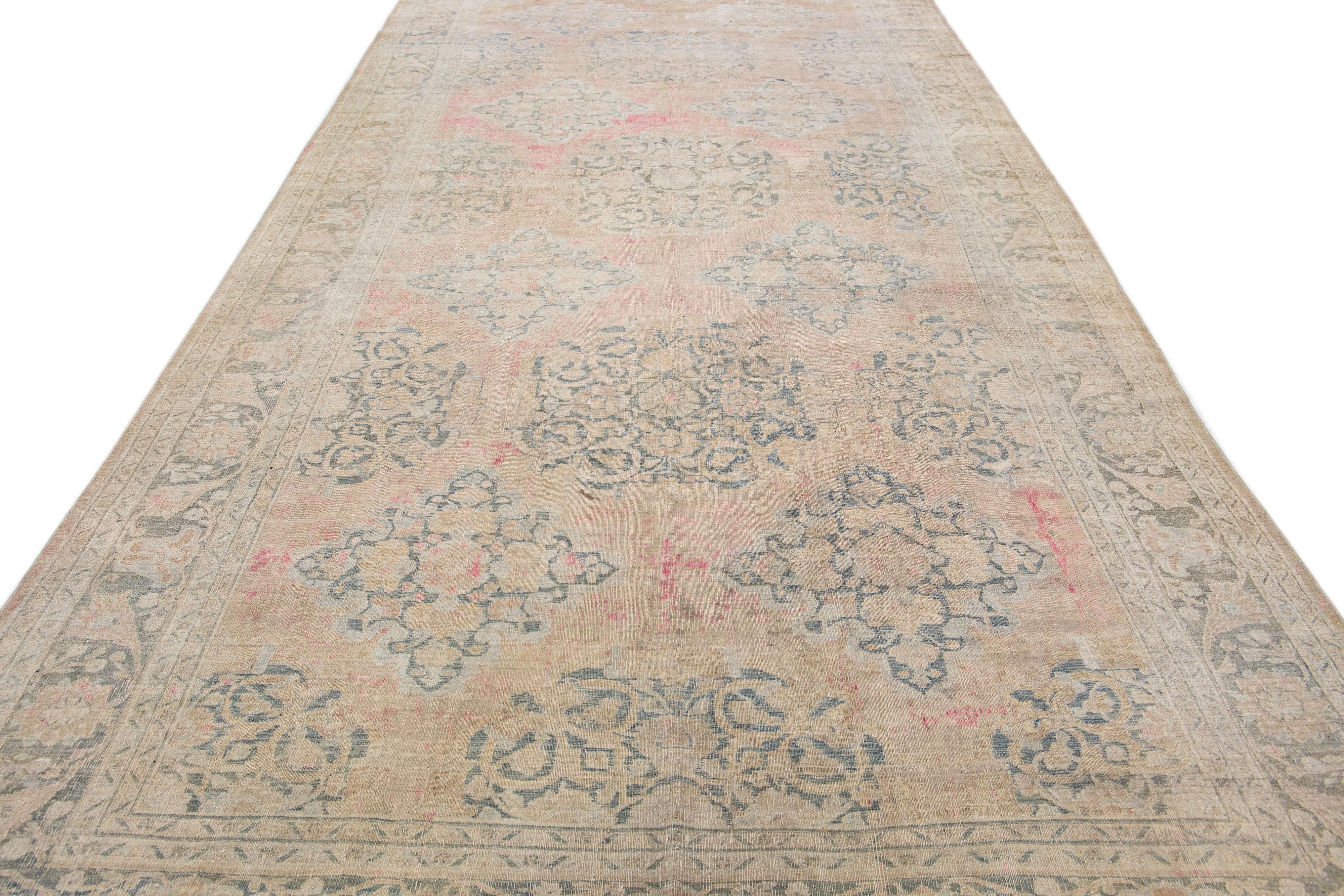 Arts and Crafts Antique Persian Doroksh Handmade Beige & Pink Wool Rug with Floral Pattern For Sale