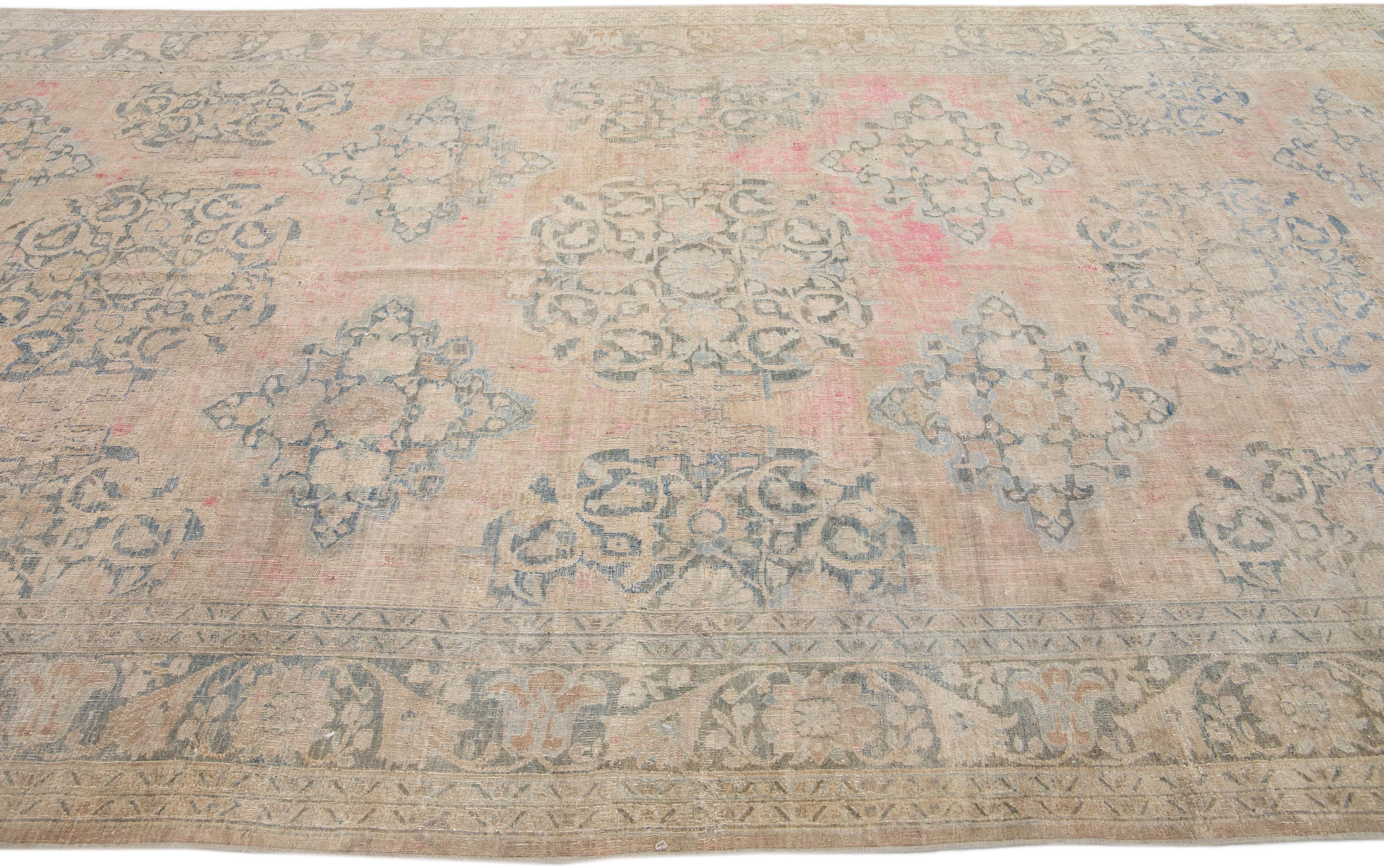Hand-Knotted Antique Persian Doroksh Handmade Beige & Pink Wool Rug with Floral Pattern For Sale