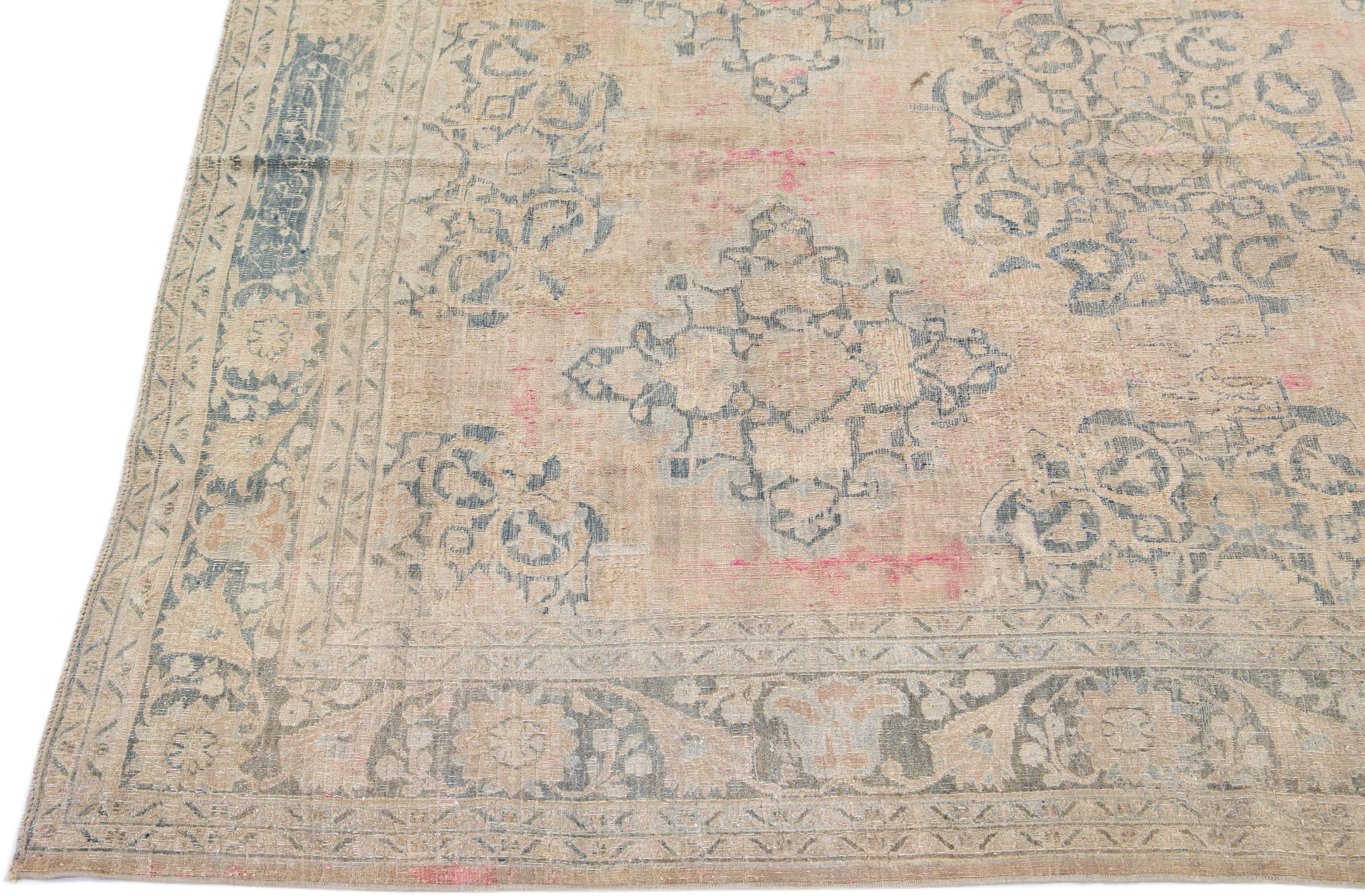 19th Century Antique Persian Doroksh Handmade Beige & Pink Wool Rug with Floral Pattern For Sale