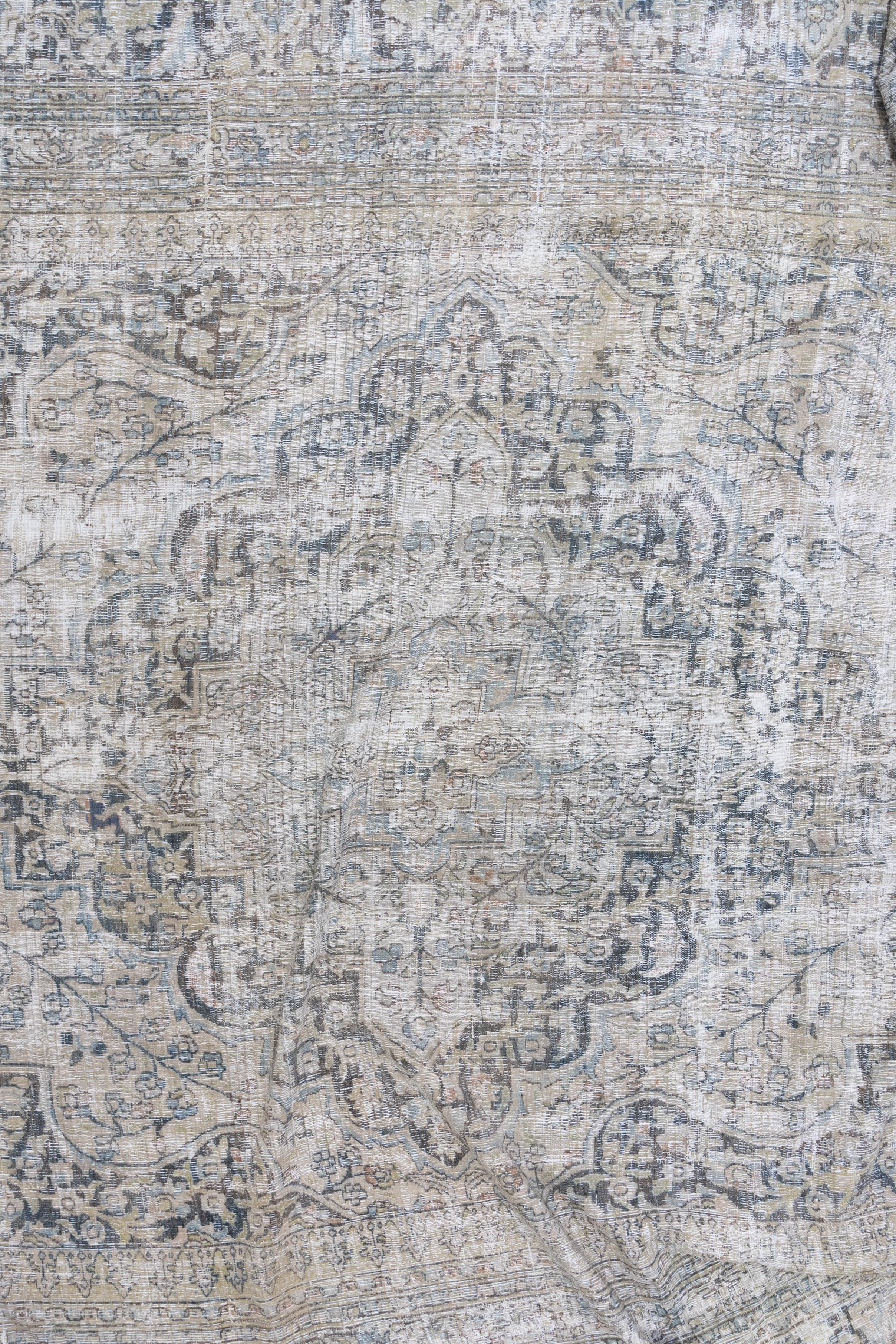 Age: Circa 1910

Colors: grey, cream, brown, blue

Pile: low

Wear Notes: 4-5

Material: Wool on Cotton. 

Wear Guide:
Vintage and antique rugs are by nature, pre-loved and may show evidence of their past. There are varying degrees of wear to
