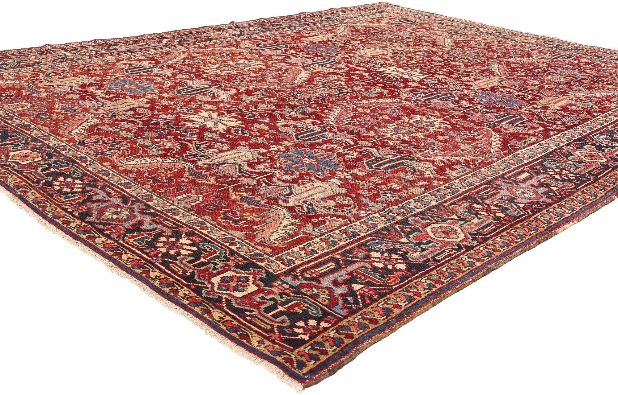 78767 Antique Persian Dragon Serapi Heriz Rug, 07'08 x 09'09. Antique Persian Dragon Serapi Heriz rugs, hailing from the Heriz region in Northwest Iran, are celebrated for their robust construction, striking geometric designs, and vibrant hues,