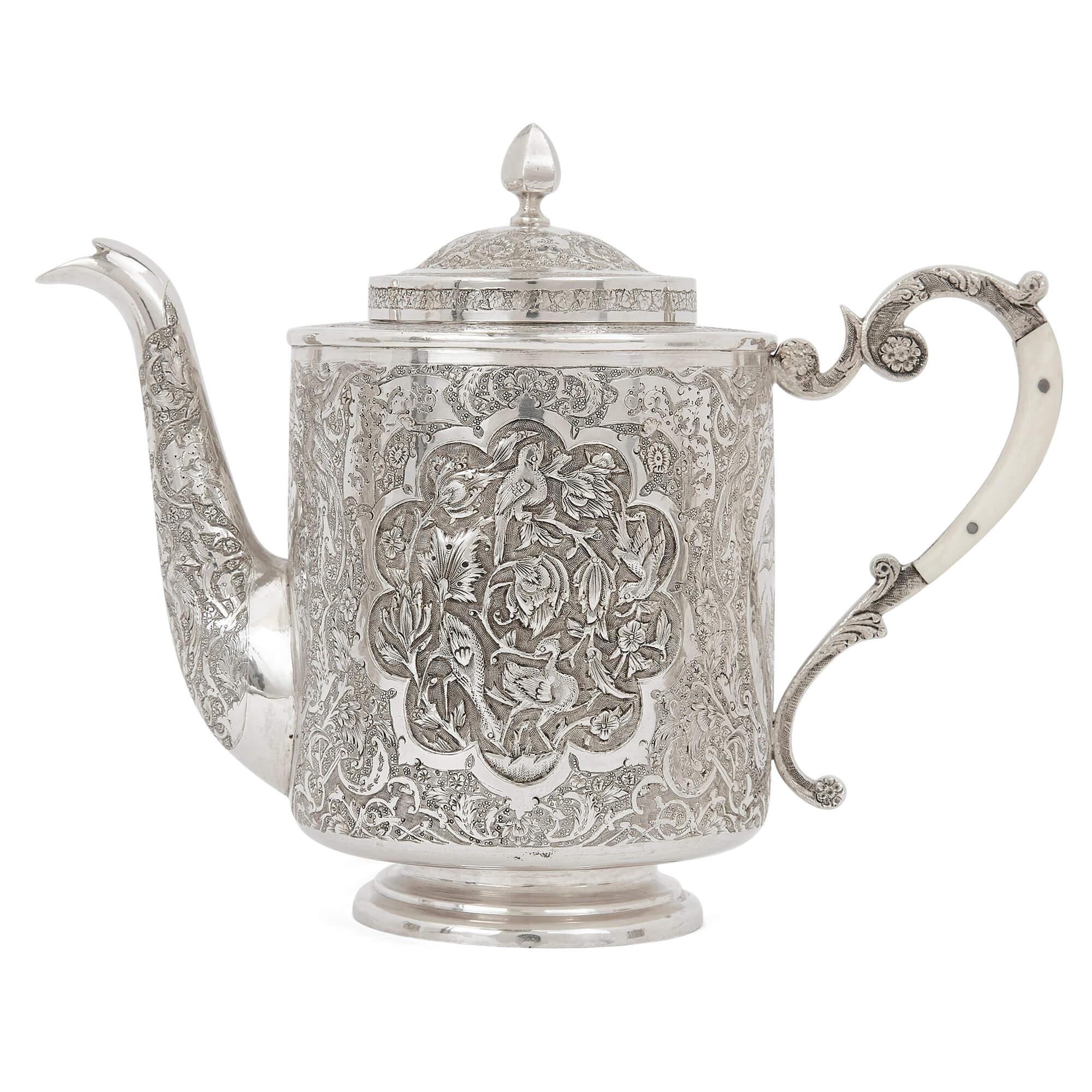 20th Century Antique Persian Engraved Silver Tea Service For Sale