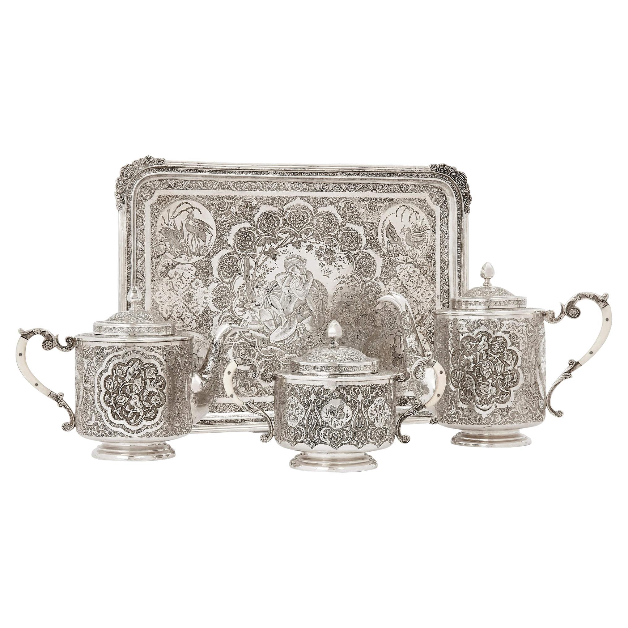 Antiguo servicio de té de plata grabado persa