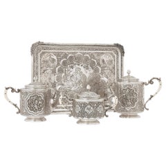Antique Persian Engraved Silver Tea Service