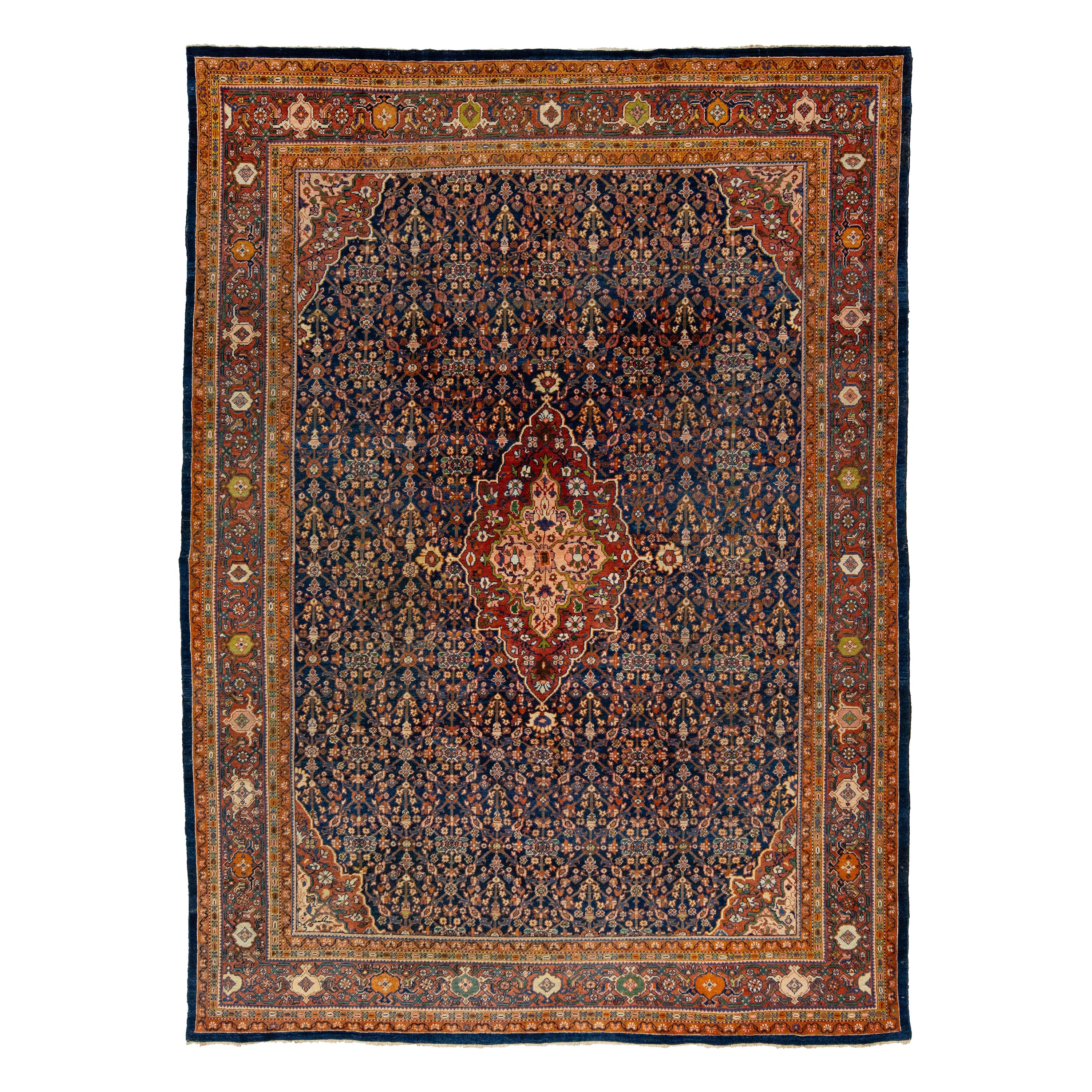 Antique Persian Farahan Handmade Allover Wool Rug In Navy Blue