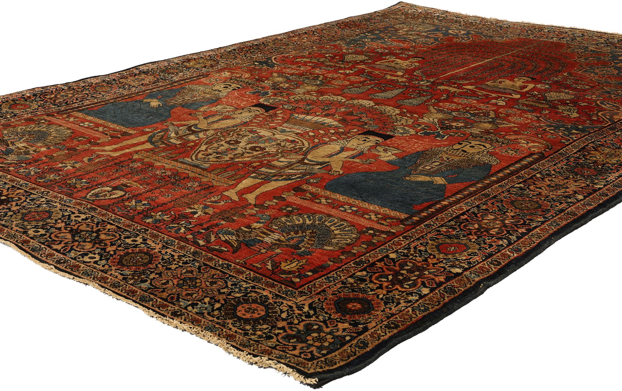 78724 Antique Persian Farahan Pictorial Rug, 04'03 x 06'05. A Farahan tableau rug refers to a type of Persian pictorial rug originating from the region of Farahan, which is situated in the central part of Iran. The Farahan rugs are renowned for