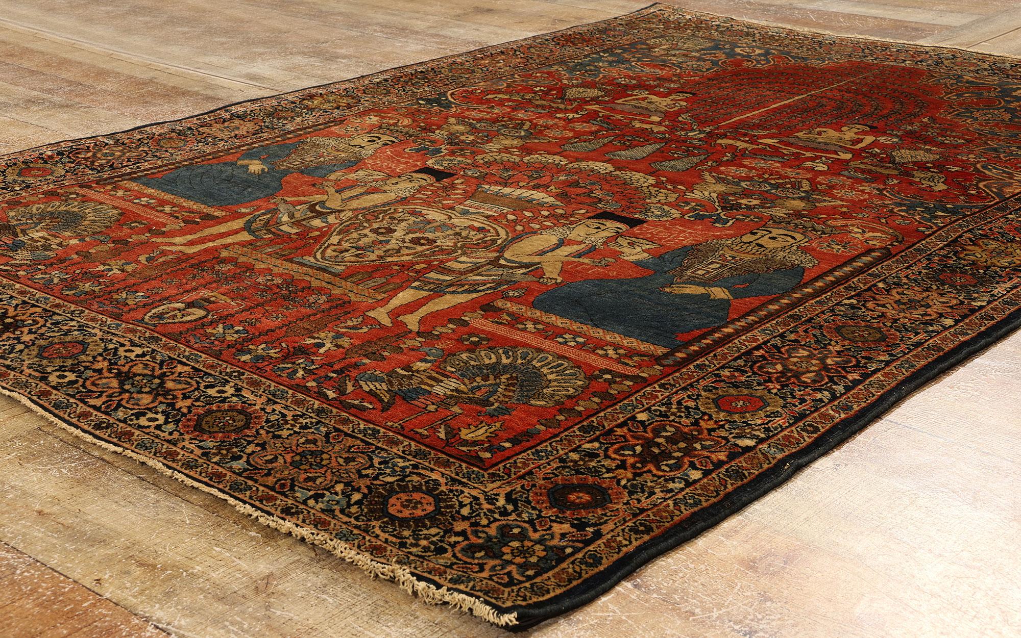 Wool Antique Persian Farahan Pictorial Rug Tableau Carpet For Sale