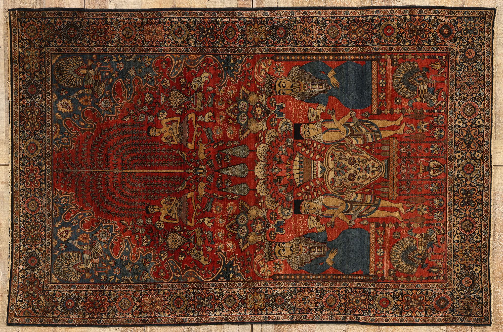 Antiker persischer Farahan-pictorial-Teppich, Tischau-Teppich im Angebot 1