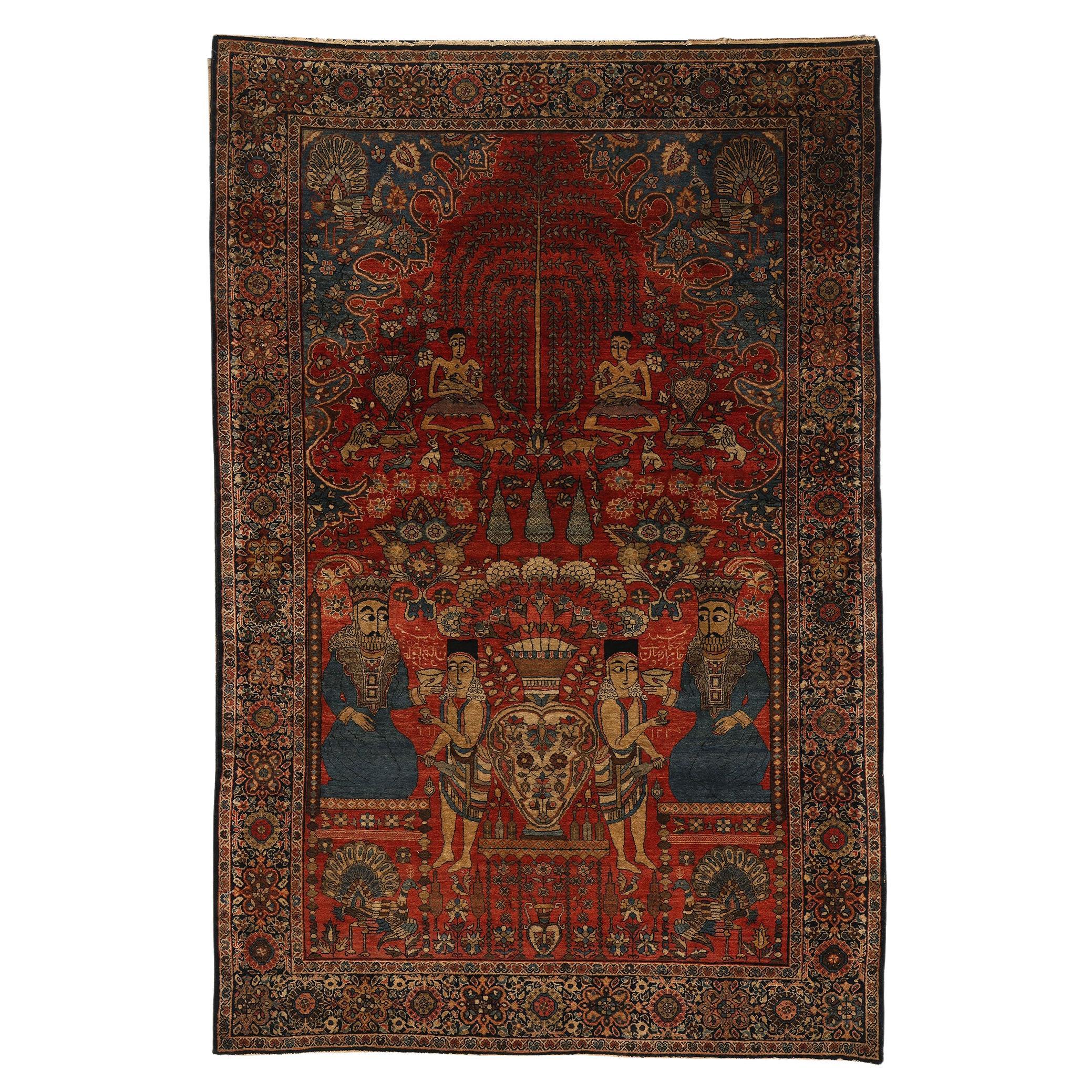 Antique Persian Farahan Pictorial Rug Tableau Carpet For Sale