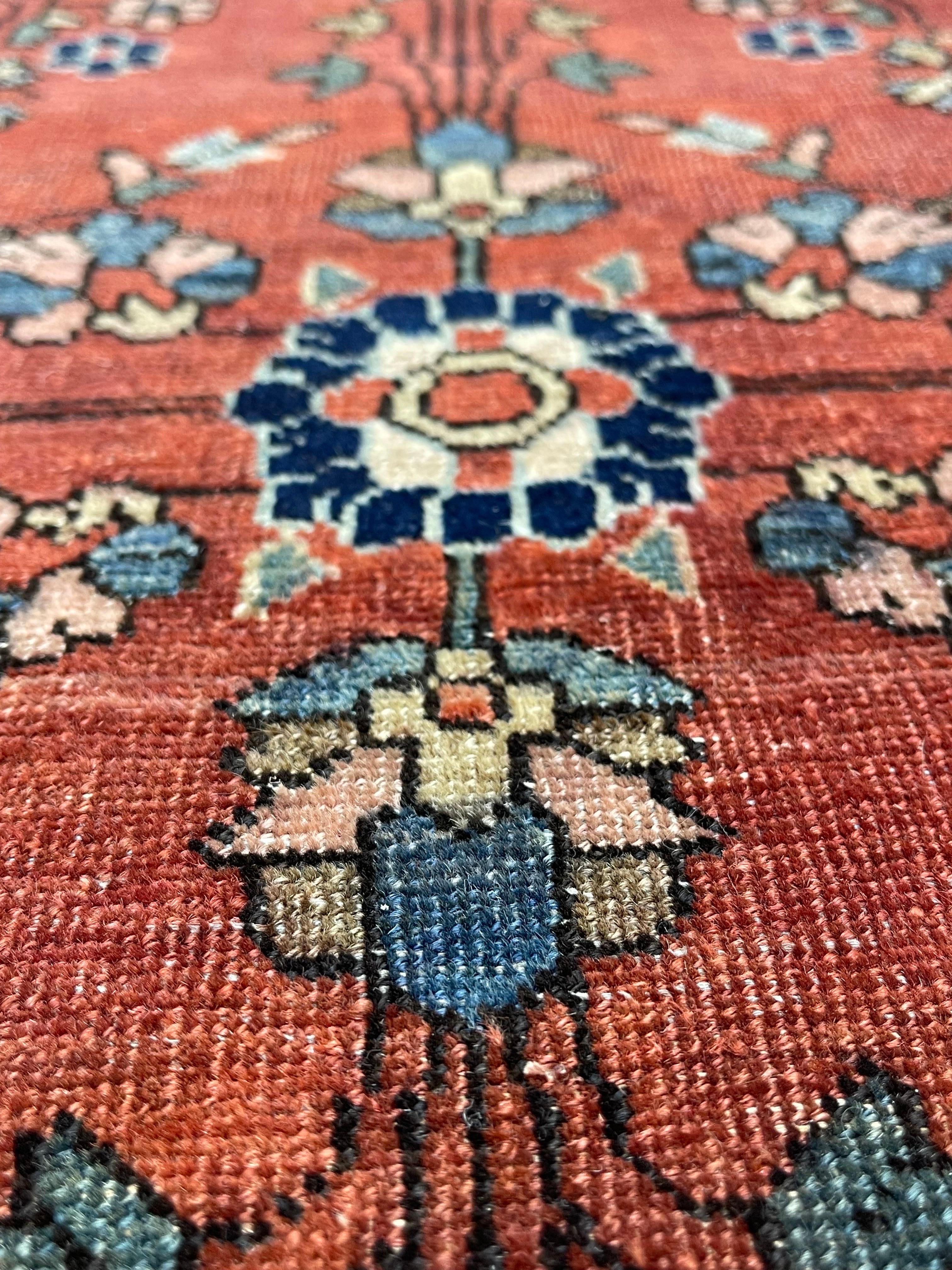Woven with very fine knots,this rug was handmade in the town of Farahan in west Persia. Wool used to make this rug is hard and clipped very flat the reason it has aged very well and has maintained its original design even in the areas where pile is