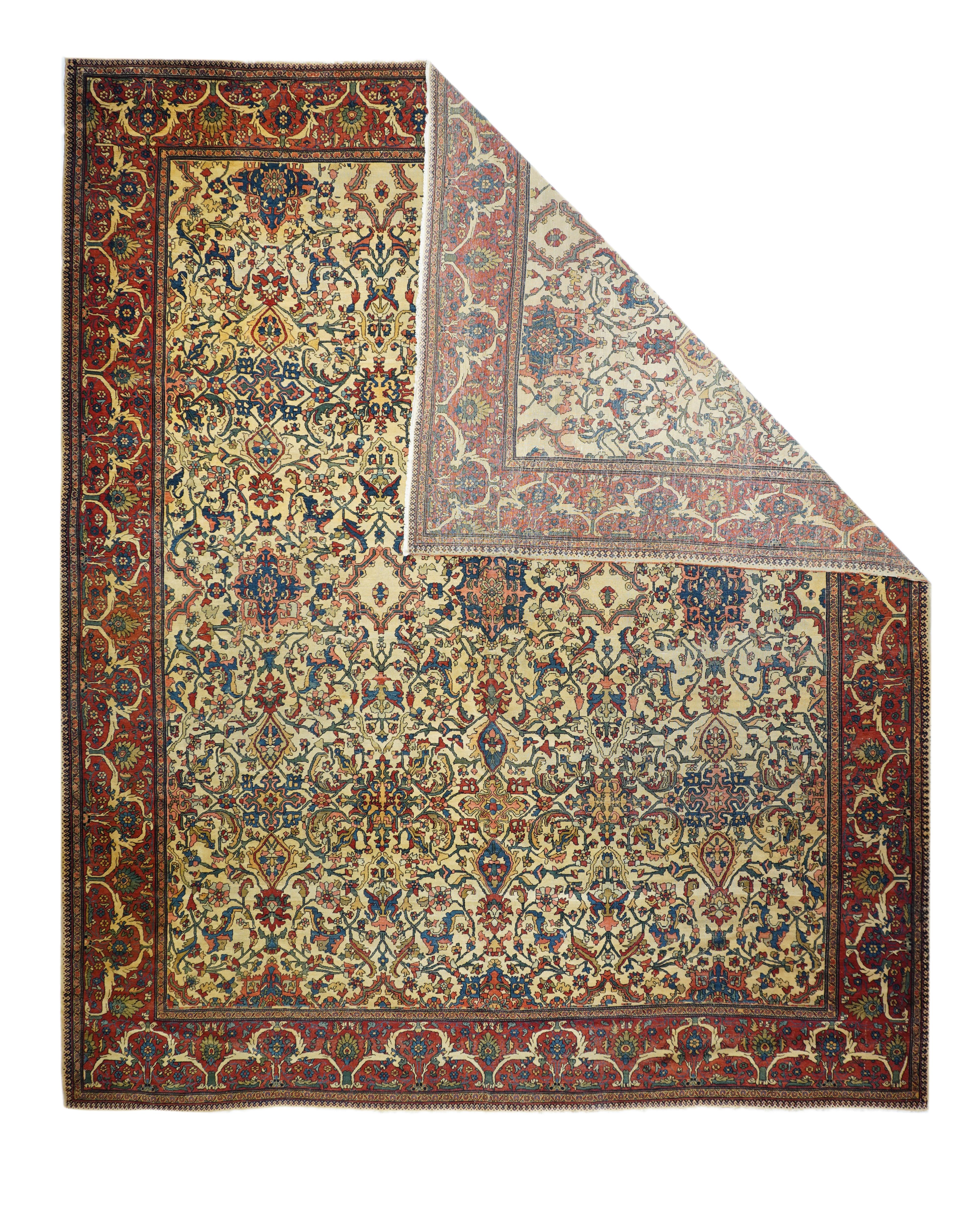 Antiker persischer Farahan Sarouk-Teppich 11' x 13'. Die in der Gegend von Arak/Sultanabad zwischen 1880 und 1910 hergestellten Streu- und raumgroßen Stücke mit fester und lederartiger, gut gewebter Textur und in kräftigen Rot-, Marine- und