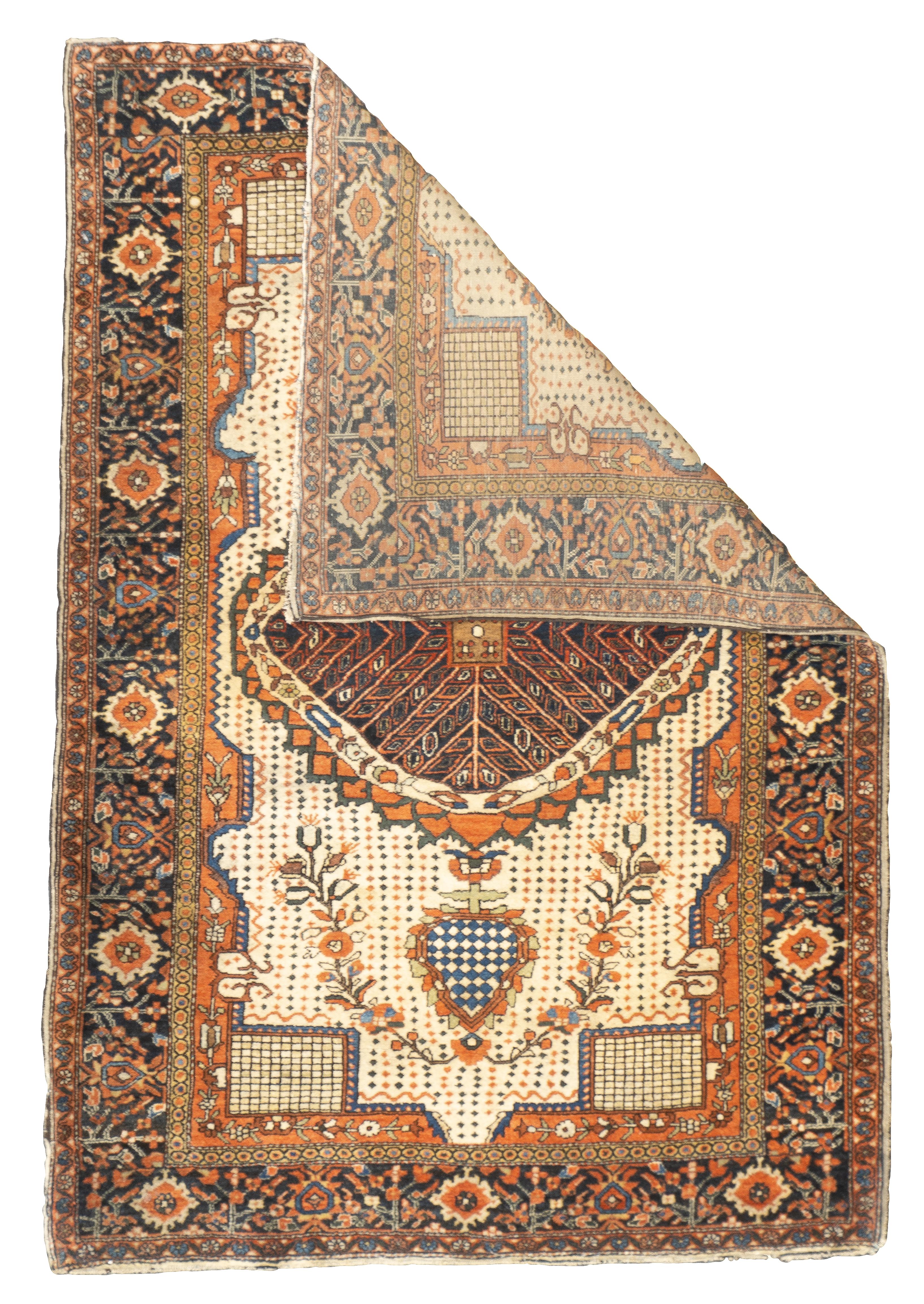 Antique Persian Farahan Sarouk Rug 3'4'' x 4'11''.  The scatter and room size pieces made in the Arak/Sultanabad area, between 1880 and 1910, with firm and leathery well-woven textures, and strong in red, navy and ecru tones, usually in medallion
