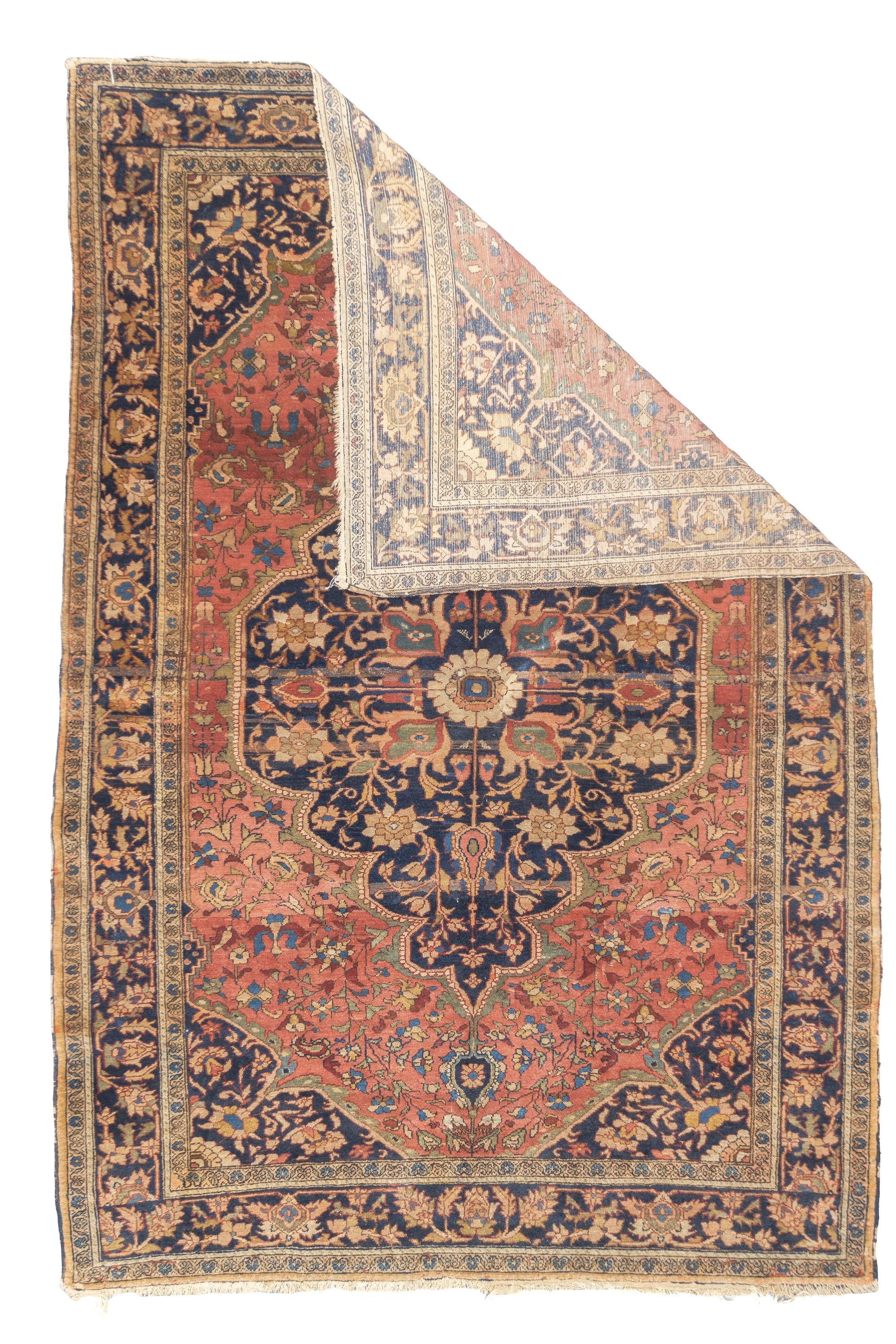 Antique Persian Farahan Sarouk Rug 4'6'' x 6'7''. The scatter and room size pieces made in the Arak/Sultanabad area, between 1880 and 1910, with firm and leathery well-woven textures, and strong in red, navy and ecru tones, usually in medallion