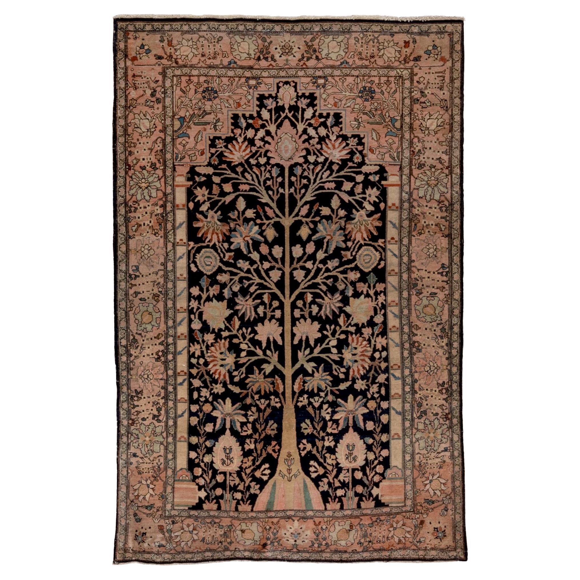 Antique Persian Farahan Sarouk Rug, Tree of Life Design, Pink and Teal Accents