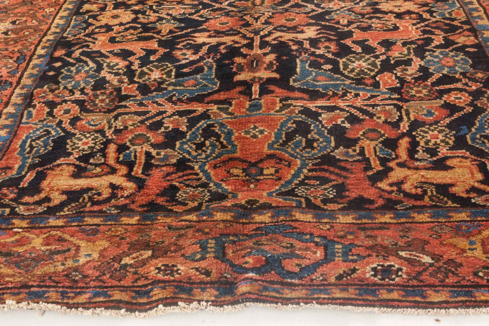 20th Century Antique Persian Feraghan Black, Rosewood, Teal and Sandy Beige Handmade Wool Rug