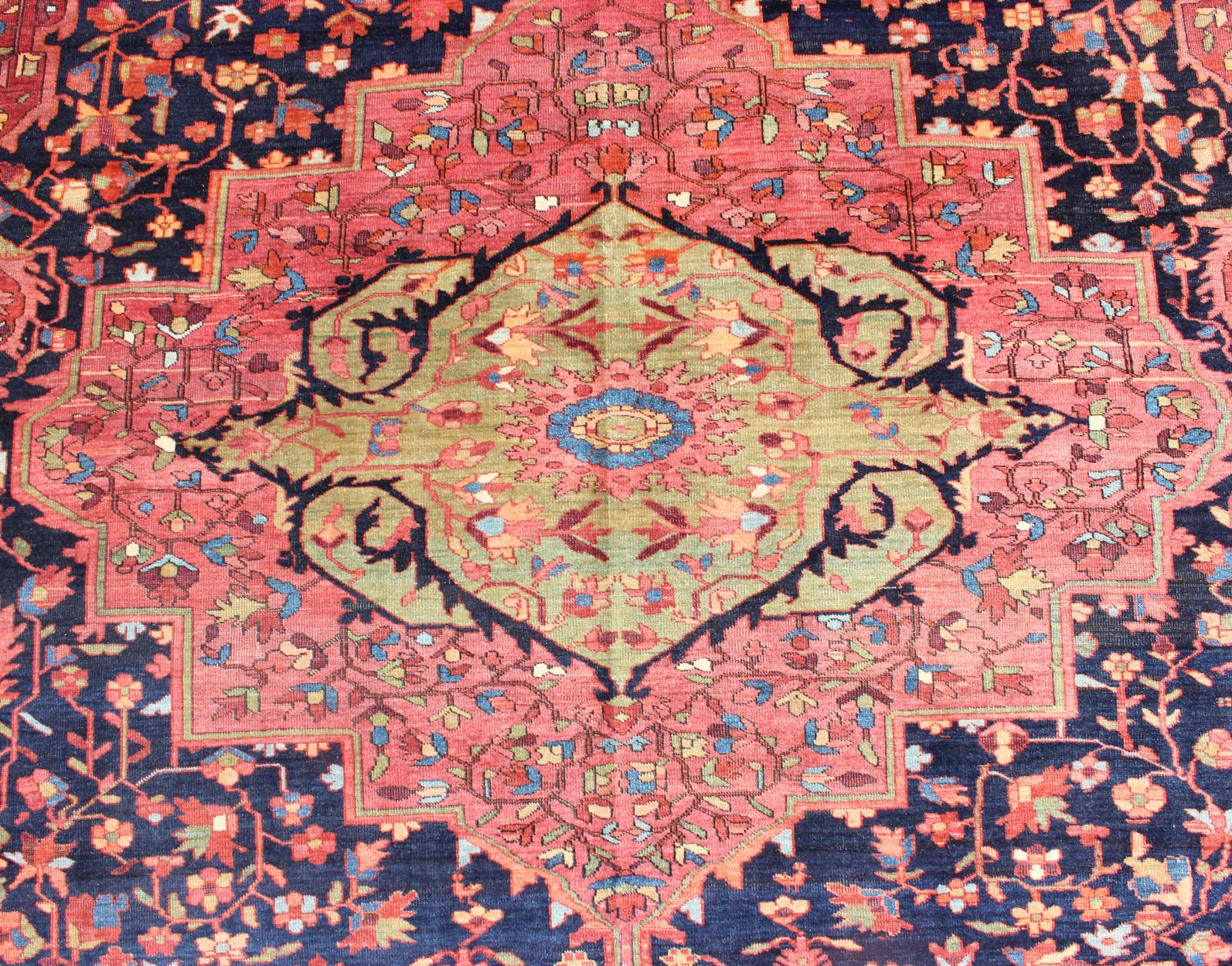 Antique Persian Feraghan Sarouk Rug in Indigo and  Blue, Rose and Green For Sale 2