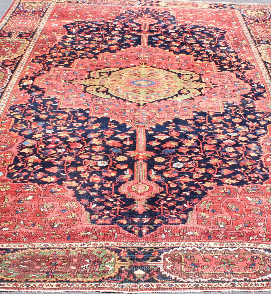 Hand-Knotted Antique Persian Feraghan Sarouk Rug in Indigo and  Blue, Rose and Green For Sale