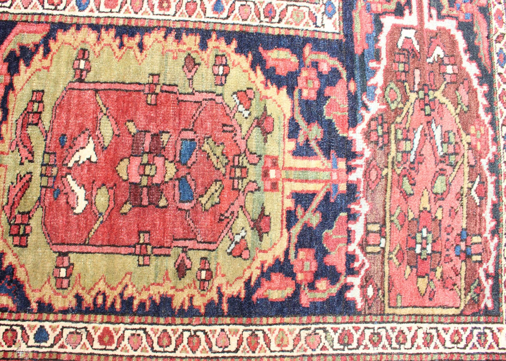 19th Century Antique Persian Feraghan Sarouk Rug in Indigo and  Blue, Rose and Green For Sale
