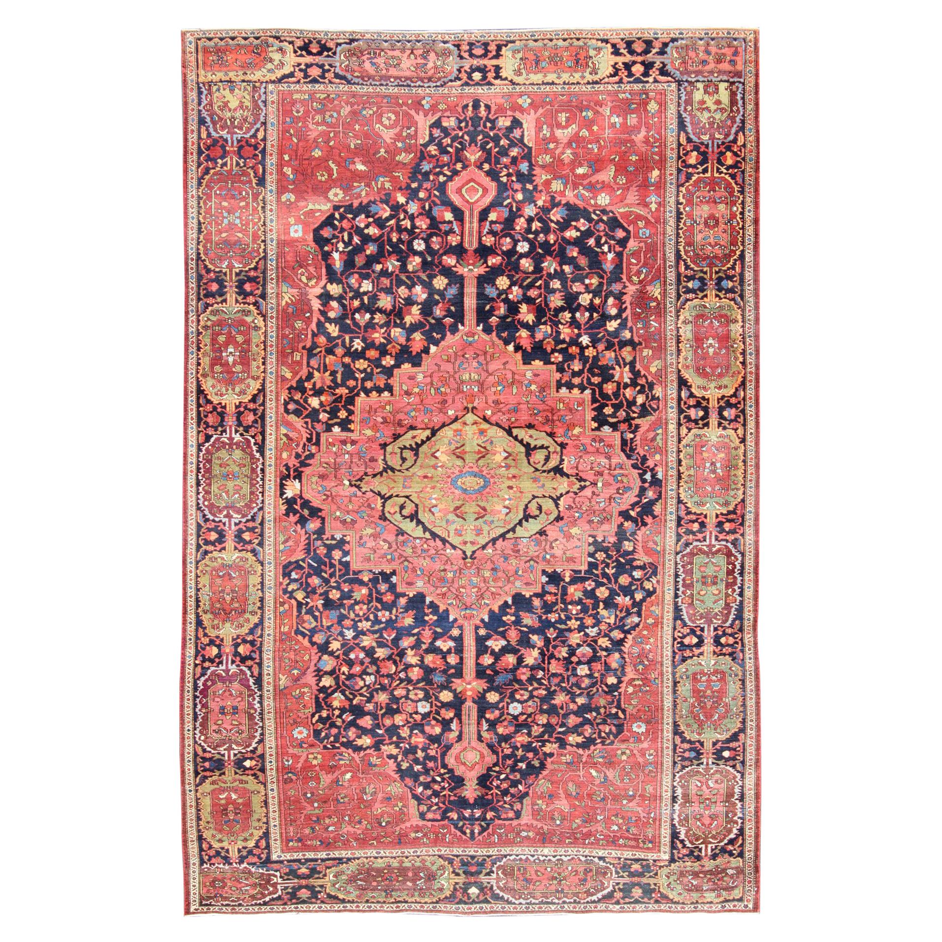 Antique Persian Feraghan Sarouk Rug in Indigo and  Blue, Rose and Green For Sale