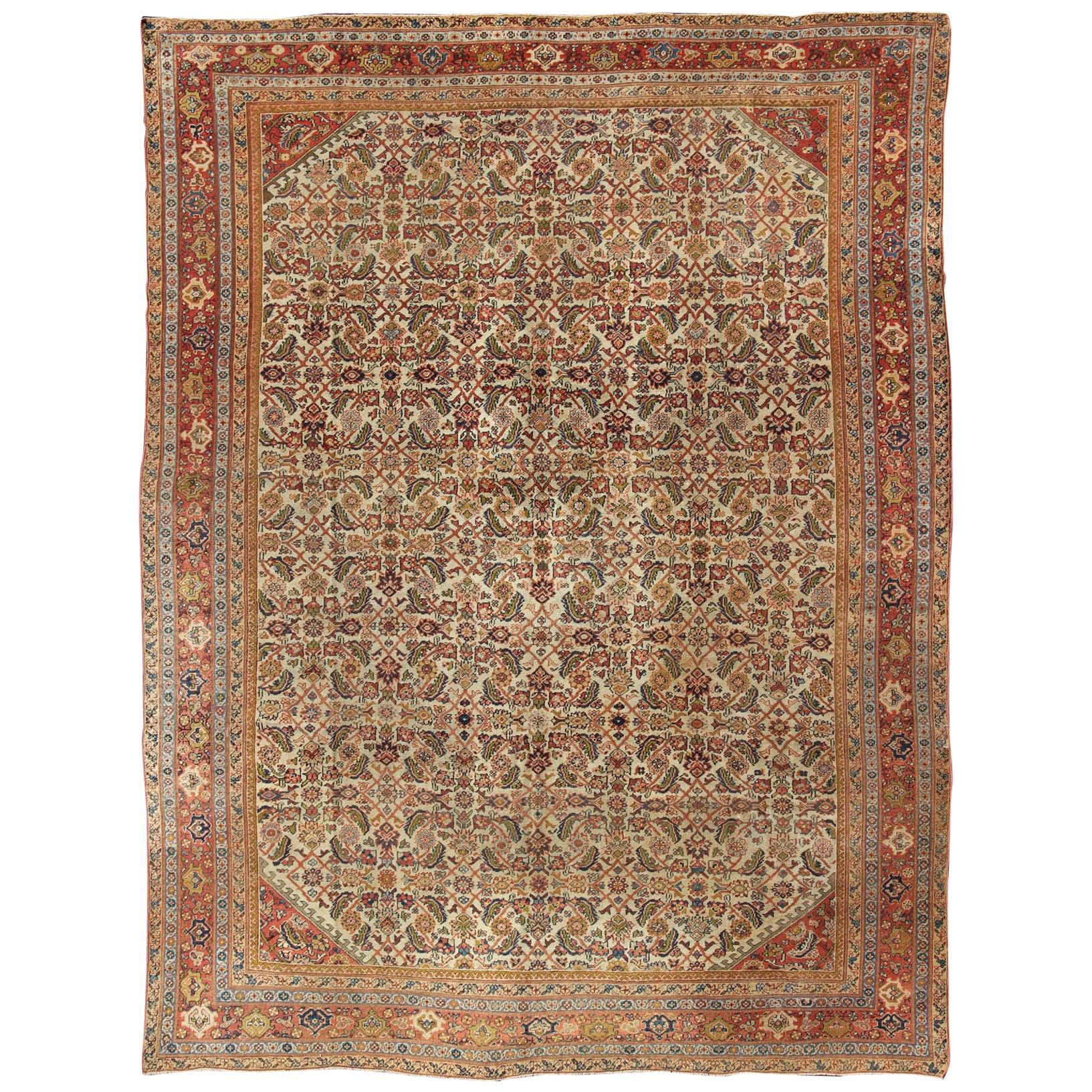 Antique Persian Ferahan Rug with All-Over Herati Design in Ivory, Coral, Green