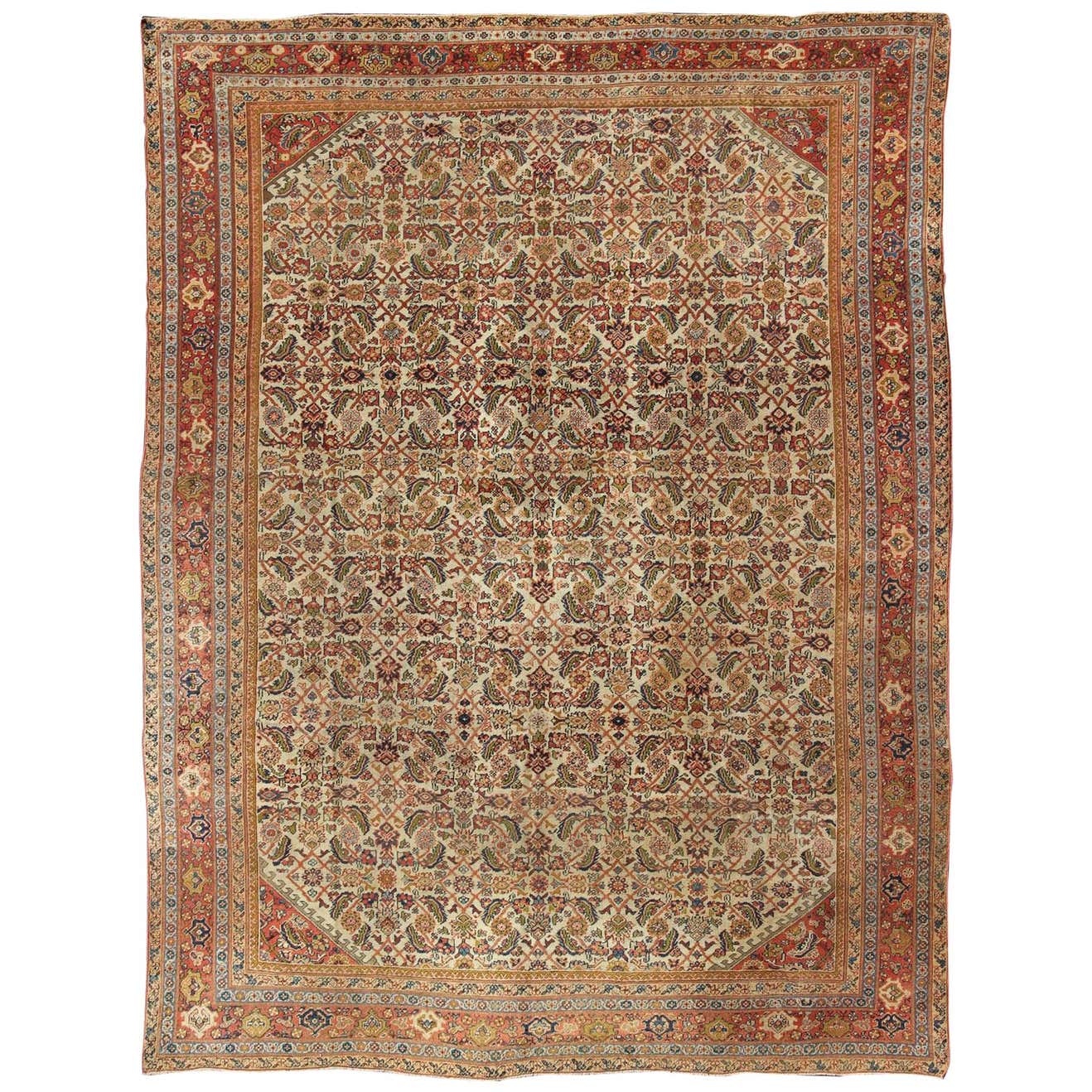 Antique Persian Ferahan Rug with All-Over Herati Design in Ivory, Coral ...