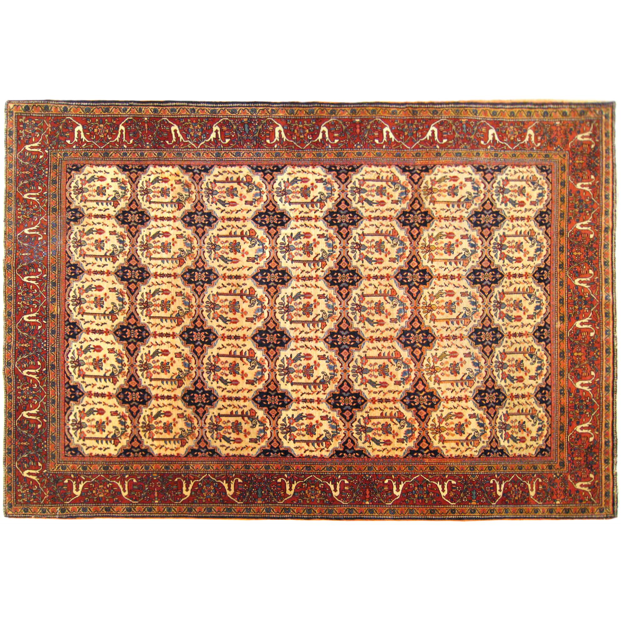Antiker persischer Ferahan Sarouk- Orientalischer Teppich in Kleinformat mit elfenbeinfarbenen Kreisen, antik