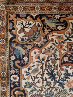 Antique Persian Fereghan Sarouk, Ivory Background and Birds Deer Wool, 1890