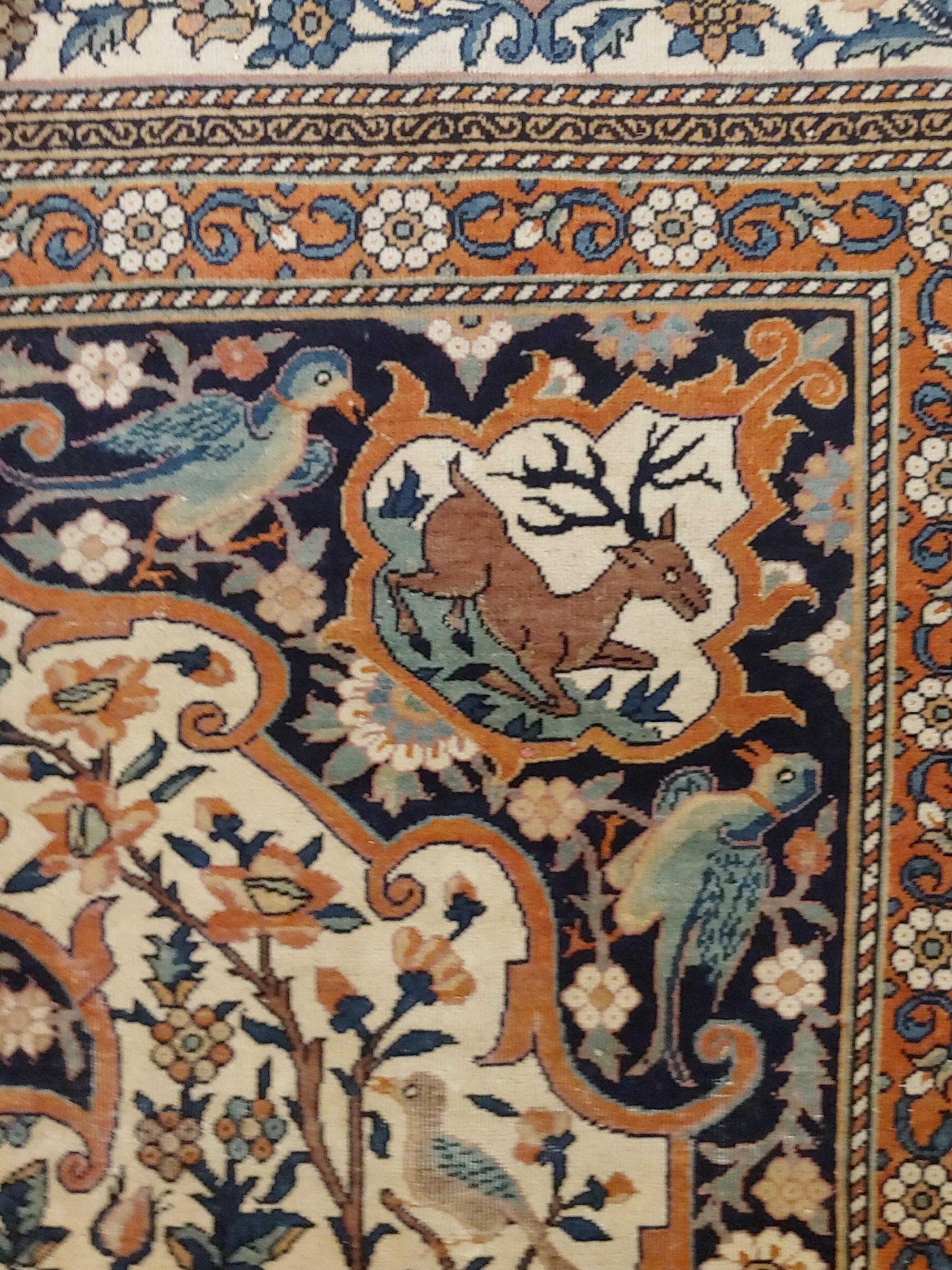 Central Asian Antique Persian Fereghan Sarouk, Ivory Background and Birds Deer Wool, 1890 For Sale