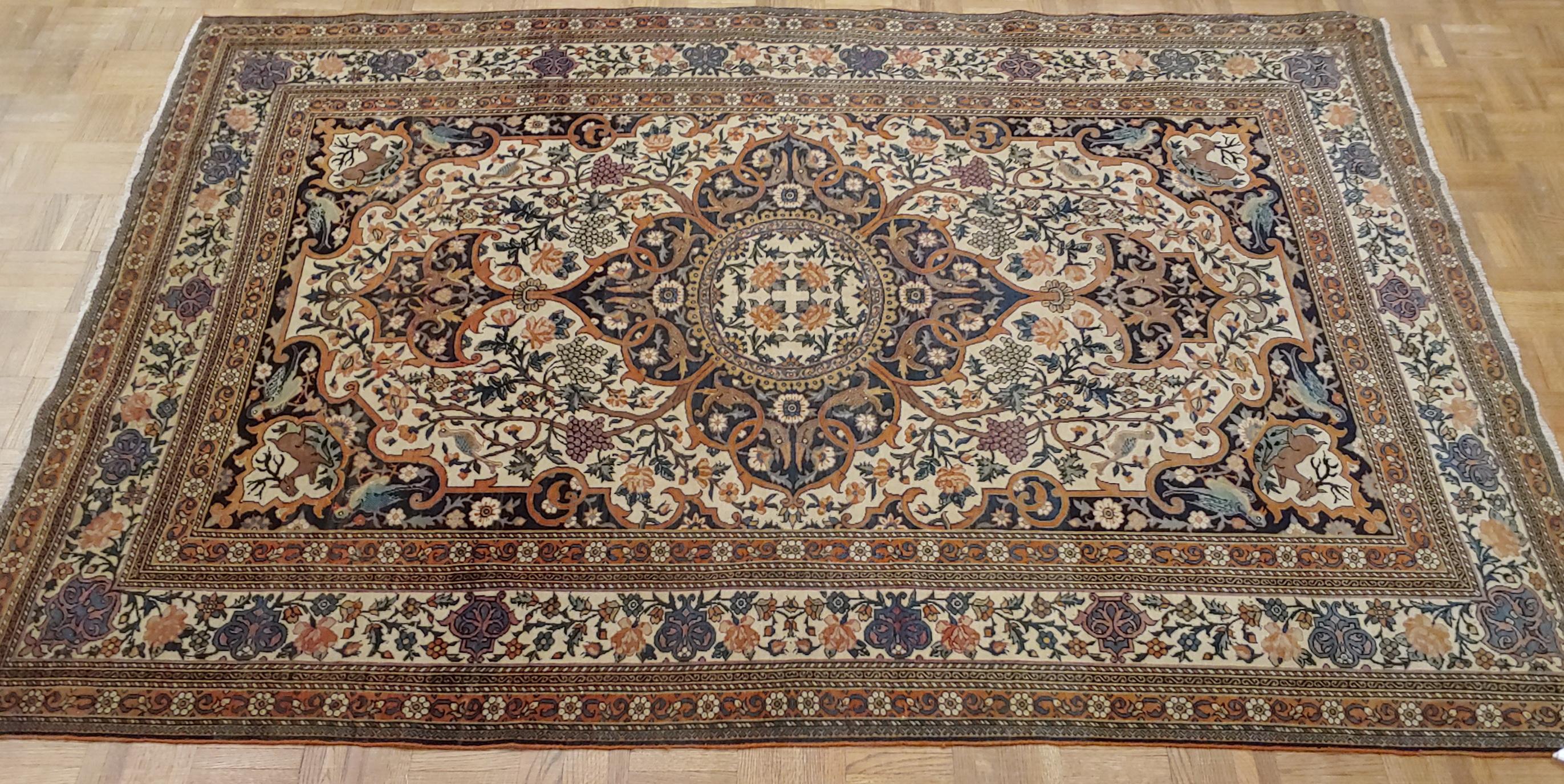 Woven Antique Persian Fereghan Sarouk, Ivory Background and Birds Deer Wool, 1890 For Sale