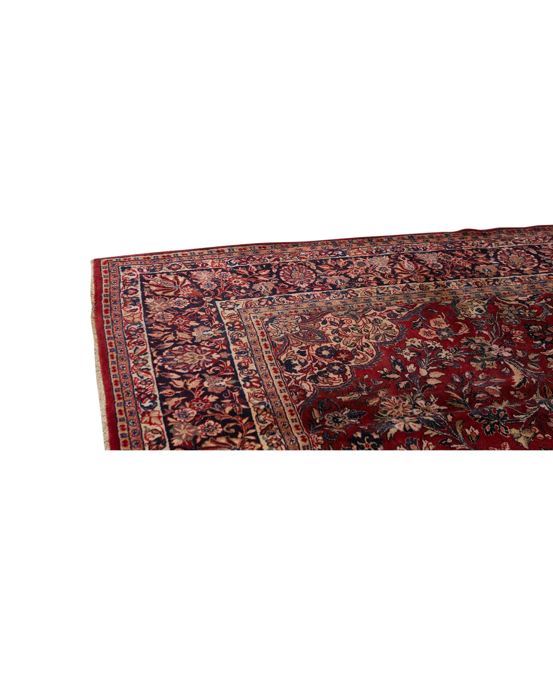   Antique Persian Fine Traditional Handwoven Luxury Wool Red / Navy Rug. Size: 10'-3