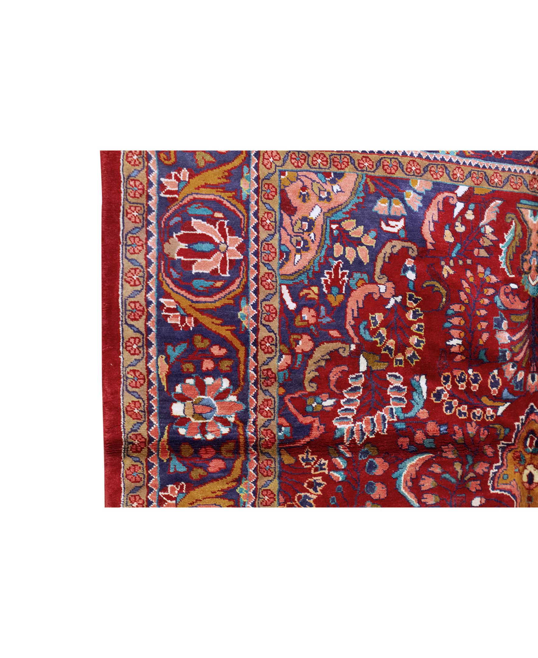   Antique Persian Fine Traditional Handwoven Luxury Wool Red / Blue Rug. Size: 6'-11