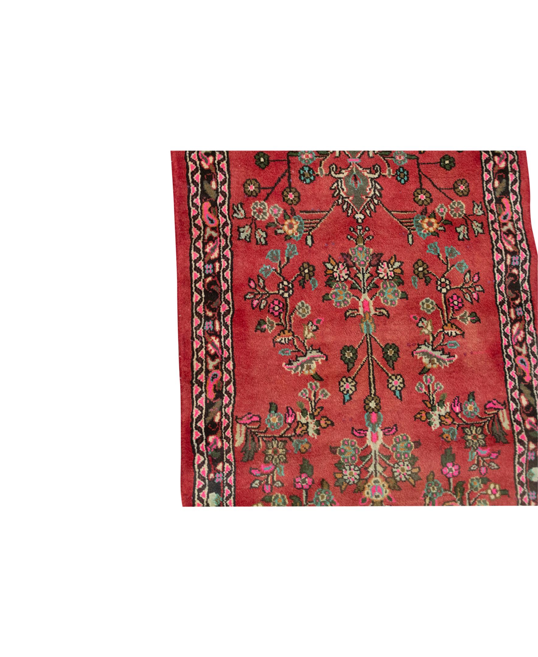   Antique Persian Fine Traditional Handwoven Luxury Wool Rose / Black Runner Rug.Size: 2'-6