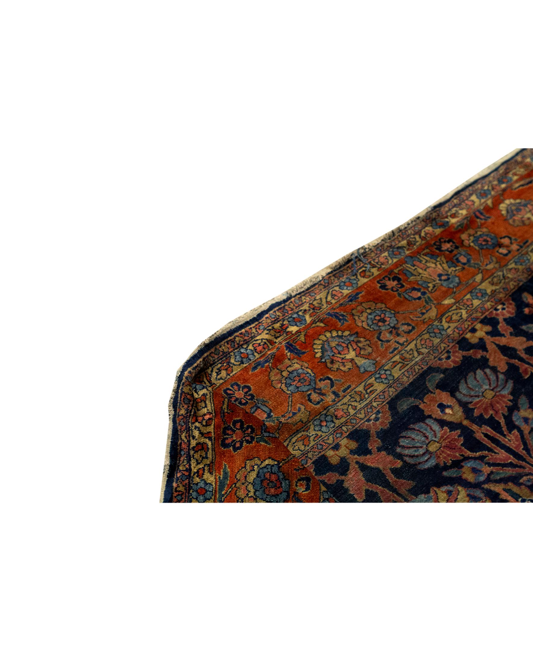  Tapis ancien persan fin traditionnel tissé à la main en laine de luxe marine/rouille. Taille : 11'-2