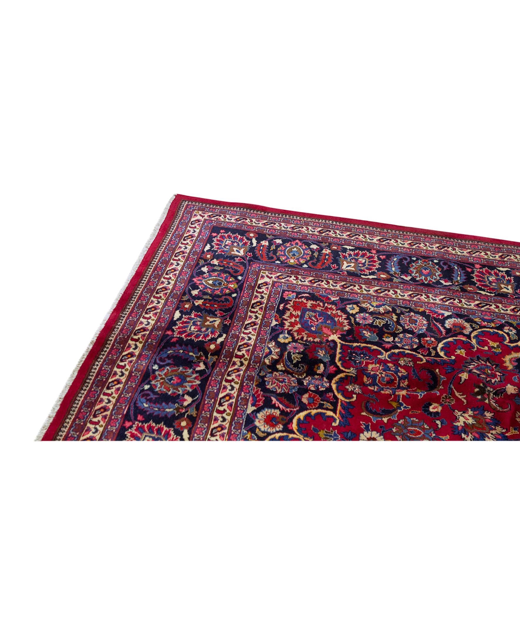 Antique Persian Fine Traditional Handwoven Luxury Wool Red / Navy Rug. Size: 9'-9