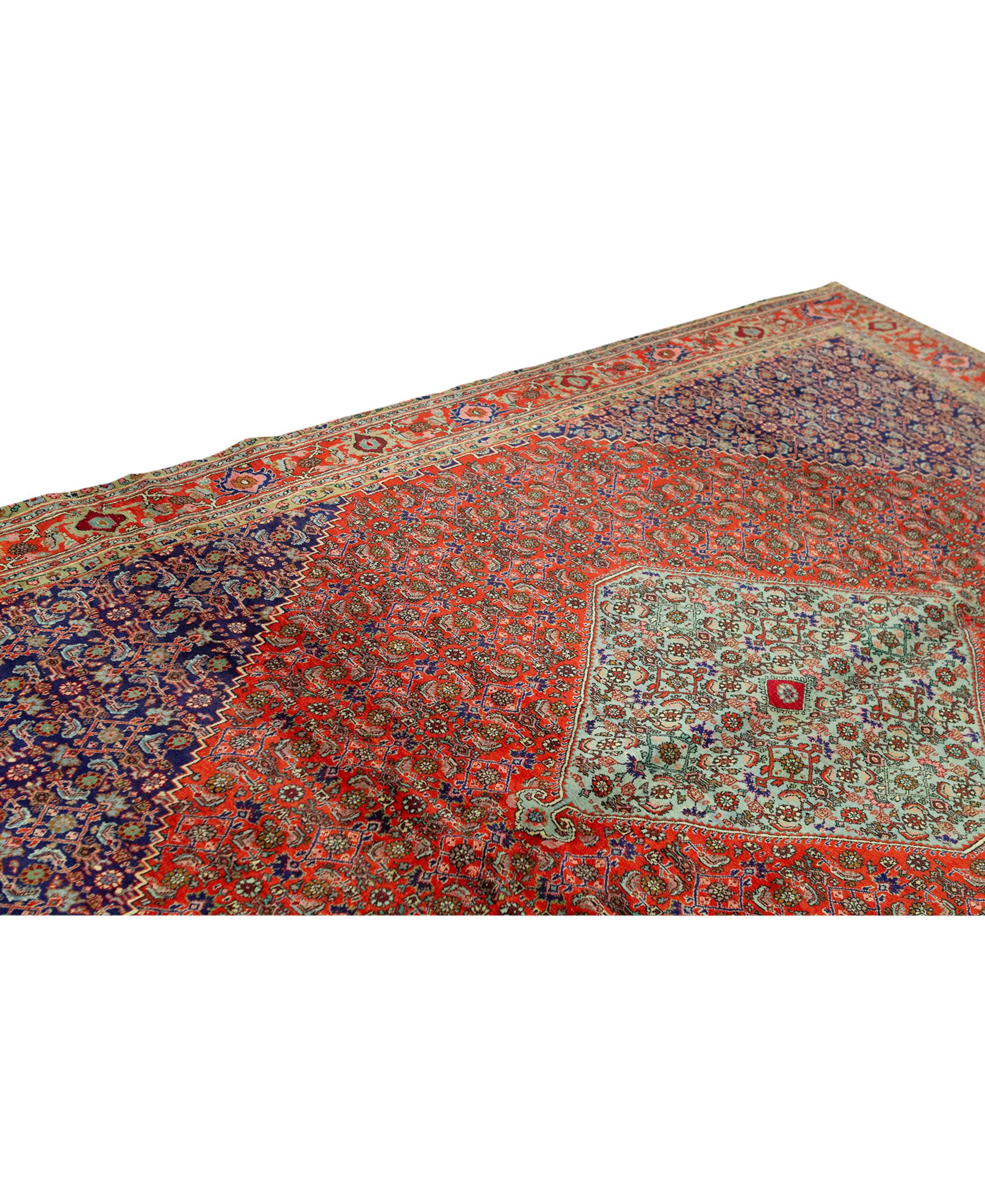 Tapis ancien persan traditionnel tissé à la main en laine de luxe rouge / marine. Taille : 7'-7
