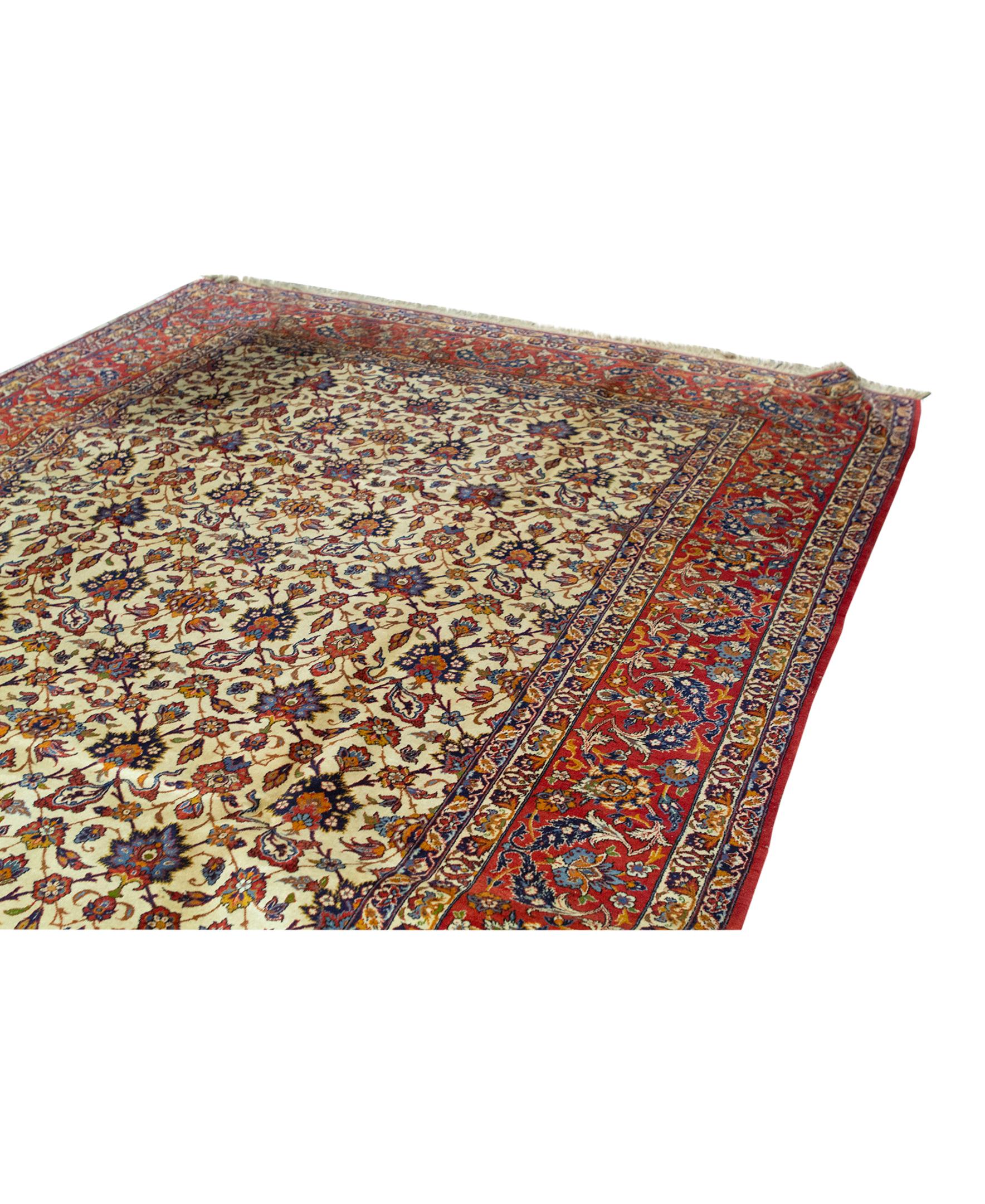 Kashan Antique Persian fine Traditional Handwoven Luxury Wool Ivory / Red Rug For Sale
