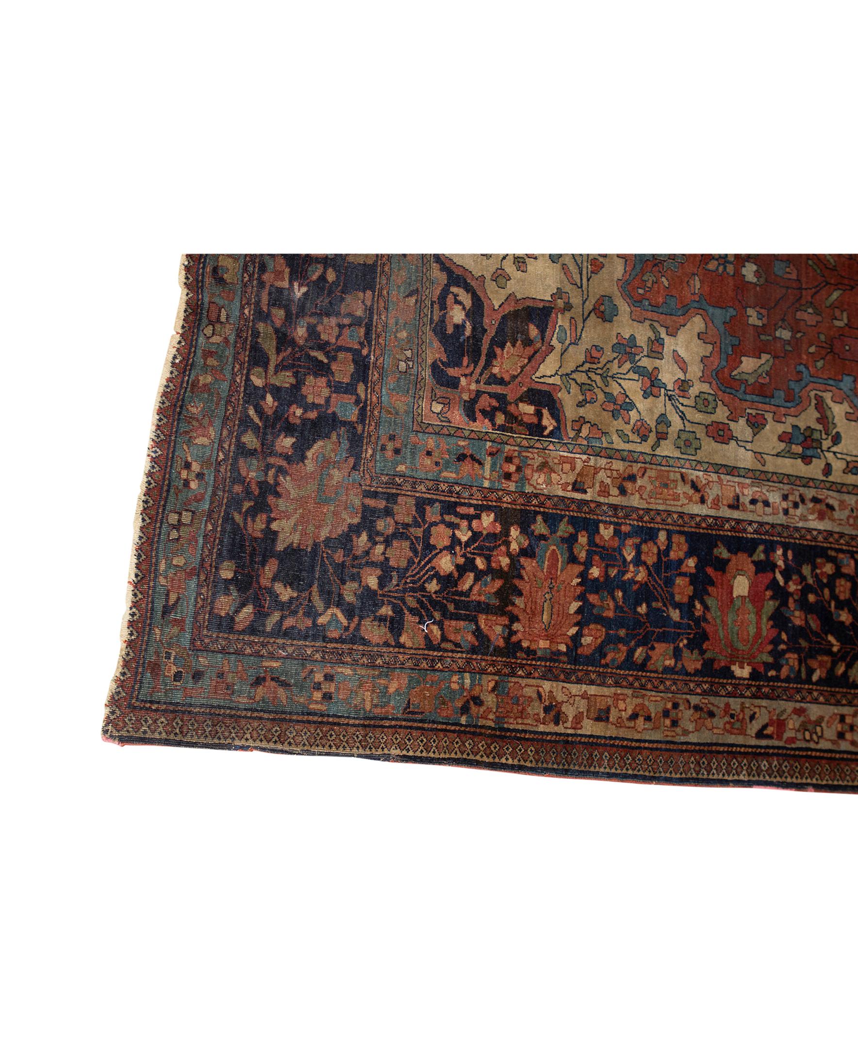 Sarouk Farahan   Antique Persian Fine Traditional Handwoven Luxury Wool Rust / Navy Rug For Sale