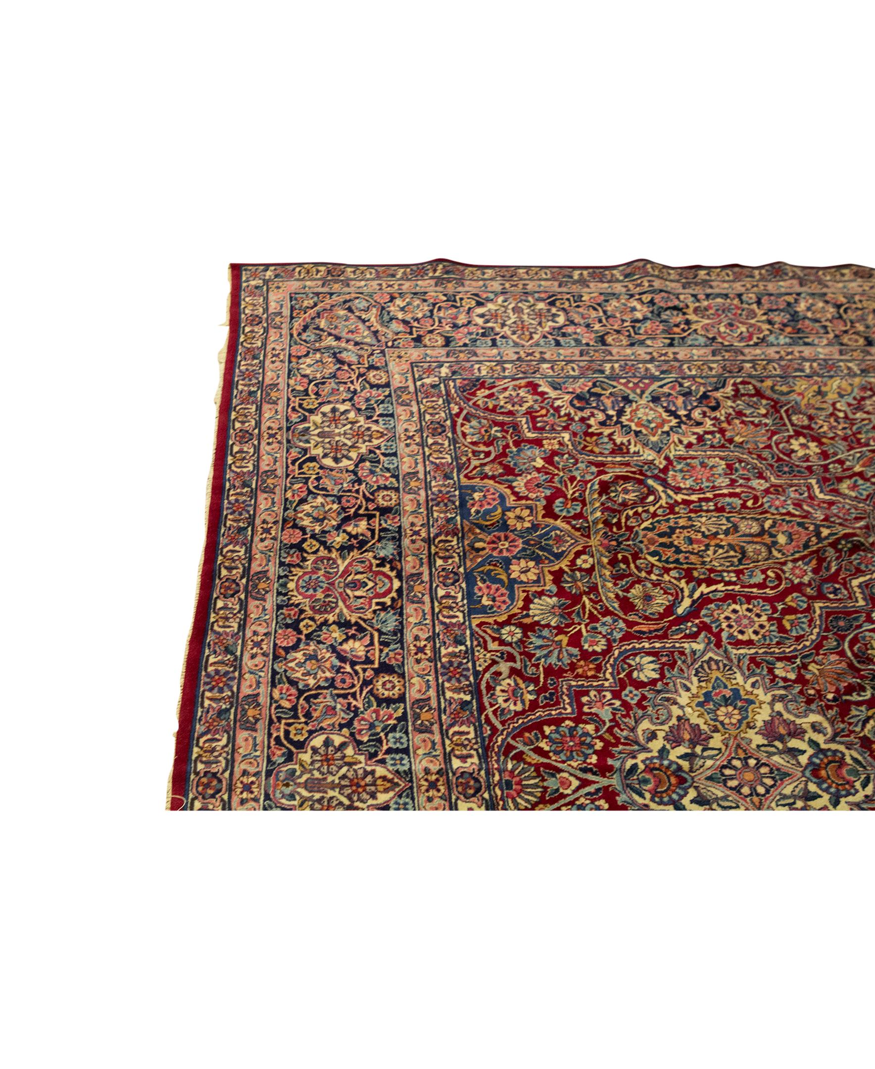 Kashan   Antique Persian Fine Traditional Handwoven Luxury Wool Red / Navy Rug For Sale