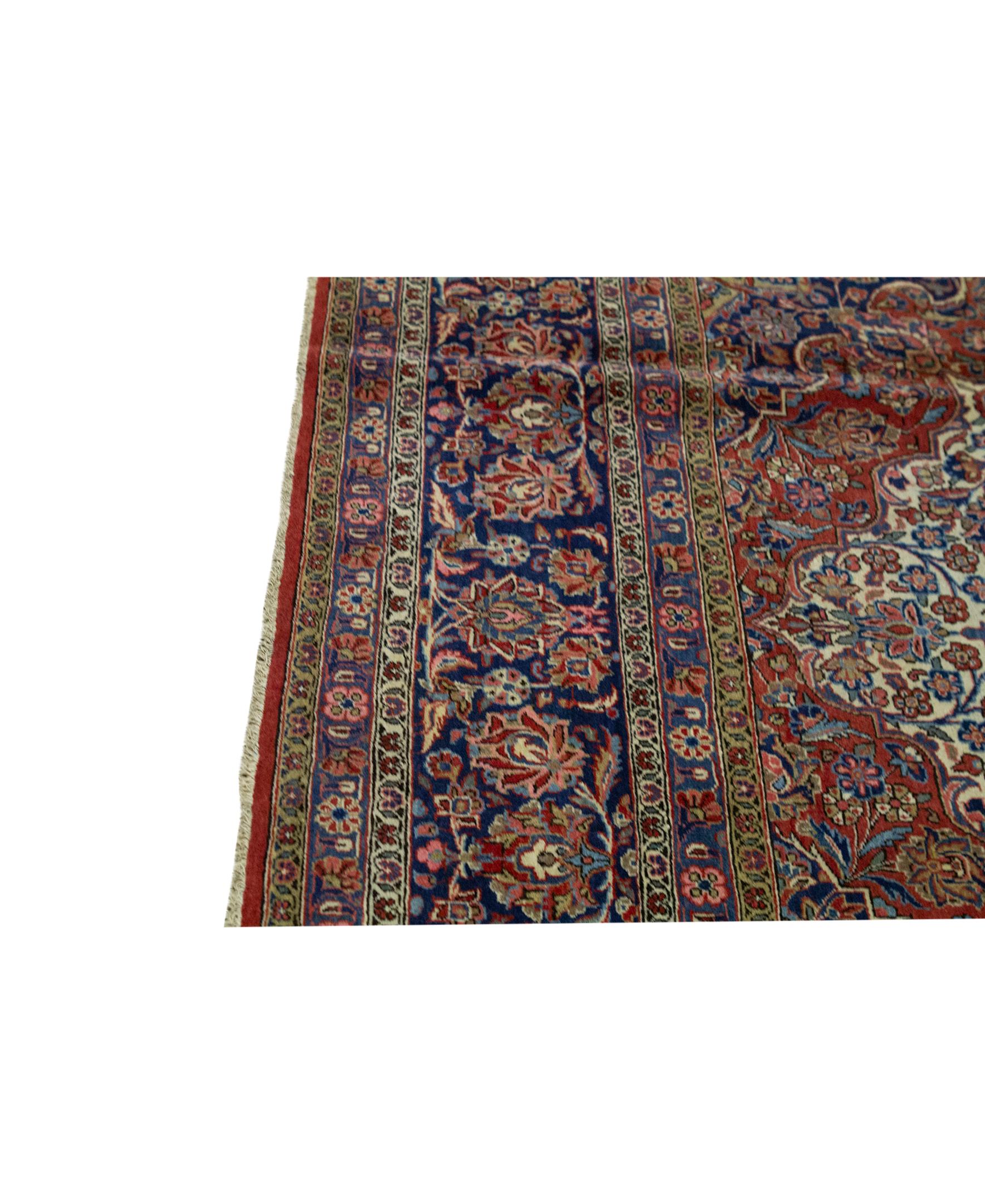 Kashan   Antique Persian Fine Traditional Handwoven Luxury Wool Ivory / Navy Rug For Sale