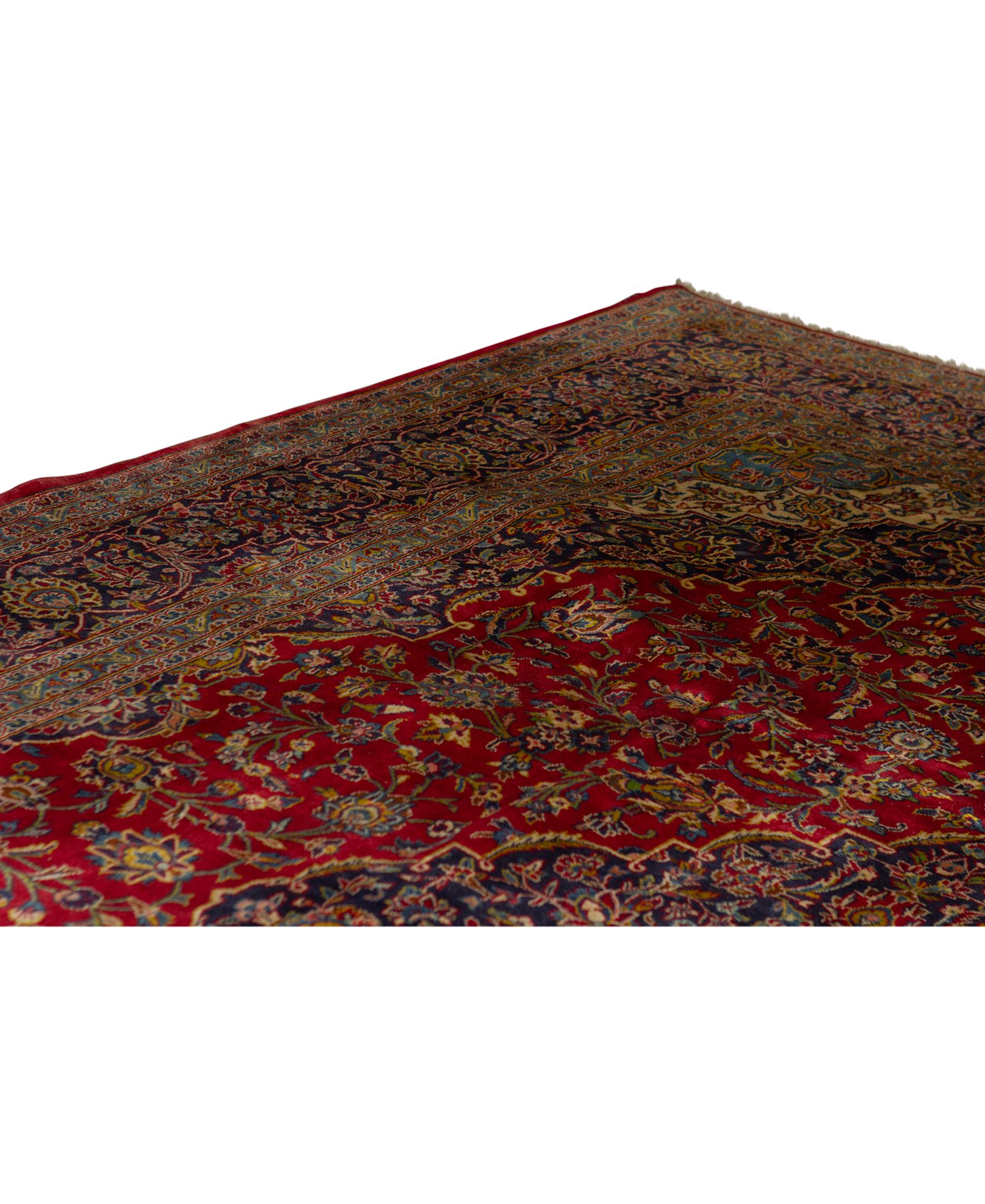 Kashan Antique Persian Fine Traditional Handwoven Luxury Wool Red / Navy Rug For Sale