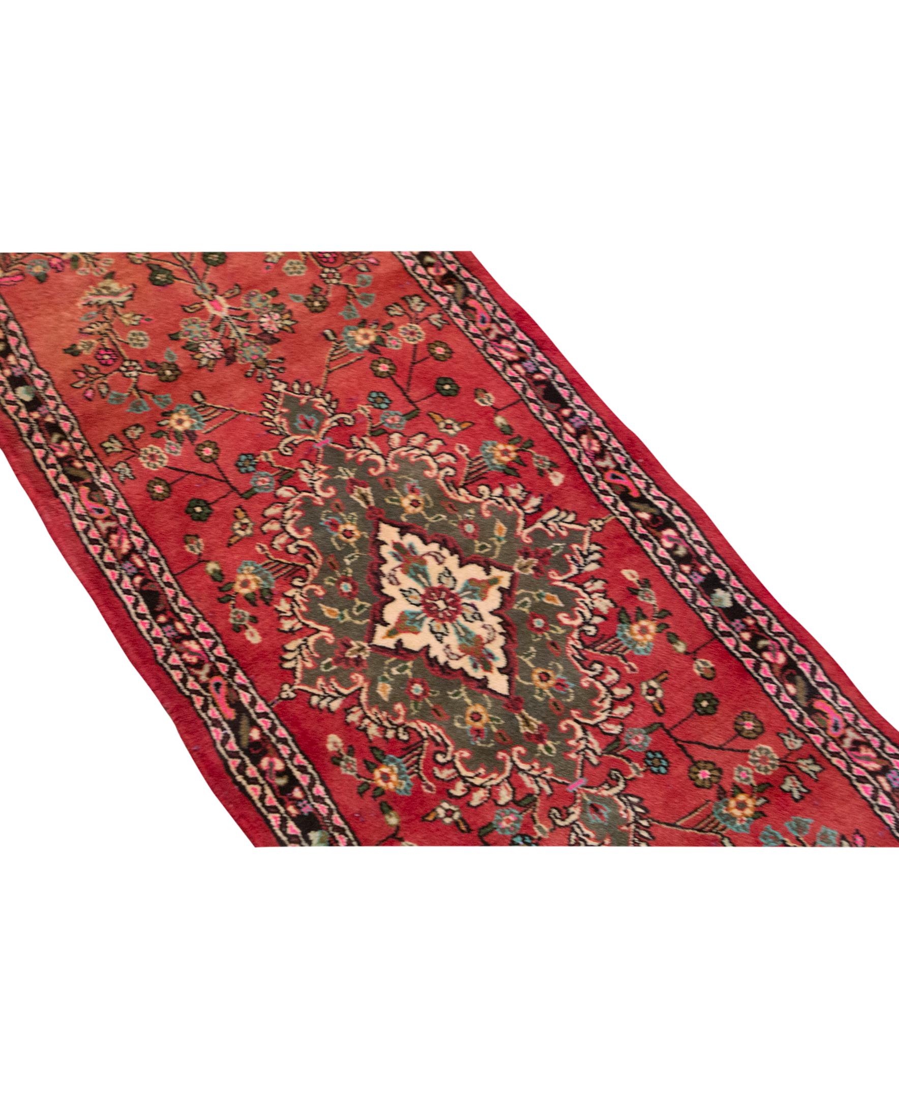 Hand-Woven   Antique Persian Fine Traditional Handwoven Luxury Wool Rose / Black Runner Rug For Sale